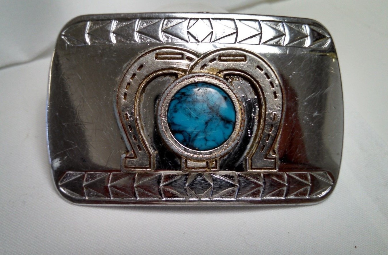 Vintage Chrome Plated Metal Belt Buckle Brass Horse Shoes Faux Turquoise Center