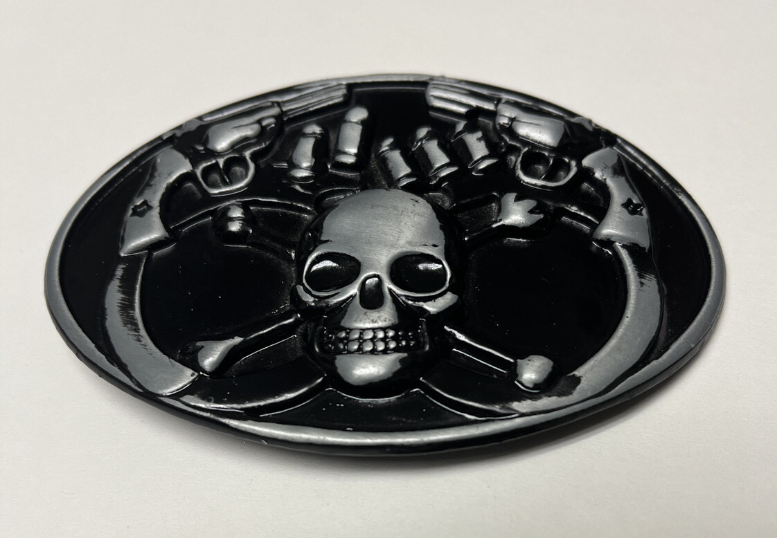 Skull and Crossbones, Black/Silver Metal Motorcycle Biker Belt Buckle