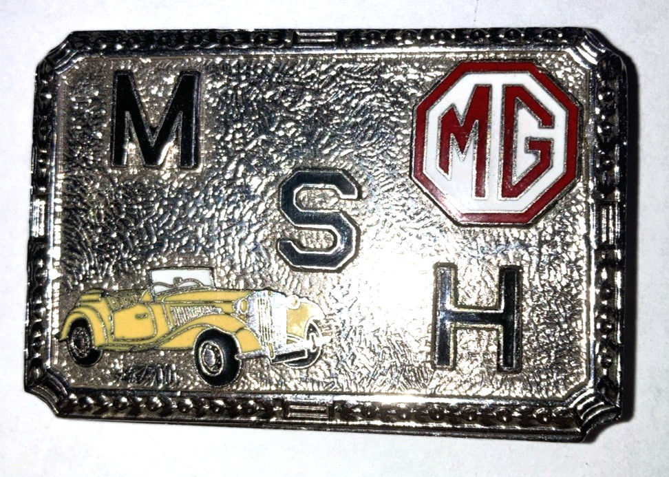 MG Logo Yellow Roadster Hook Fast Enameled Belt Buckle MSH Initials Silver Tone
