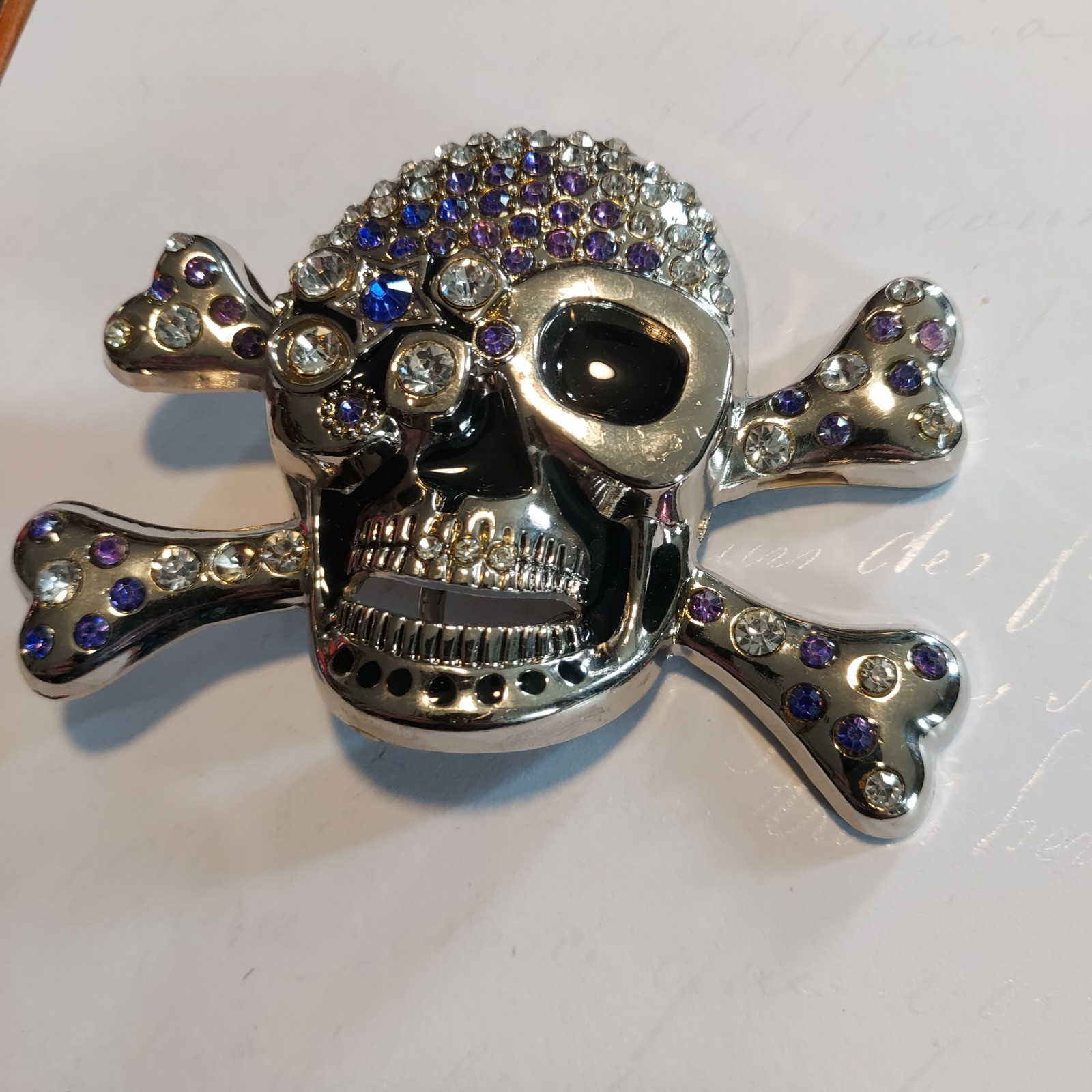 Silver Rhinestone Skull and Crossbones Belt Buckle Purple Blue Crystals 4×3