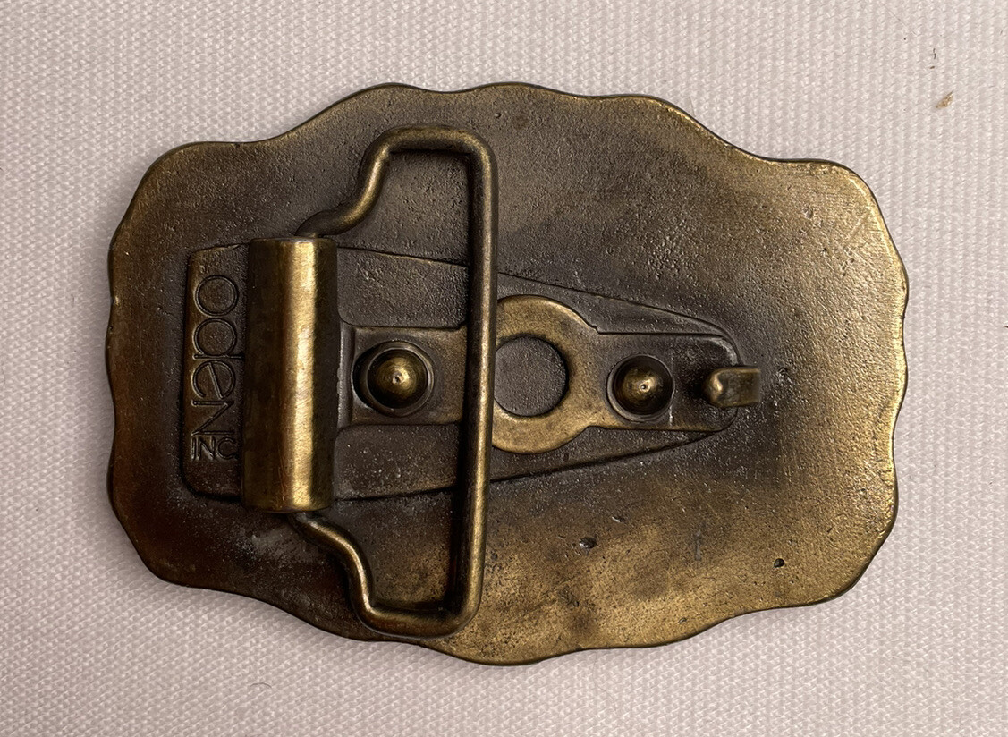 Vintage 1970s Belt Buckle Marked Carl by Oden Western Style Scalloped Edge Brass