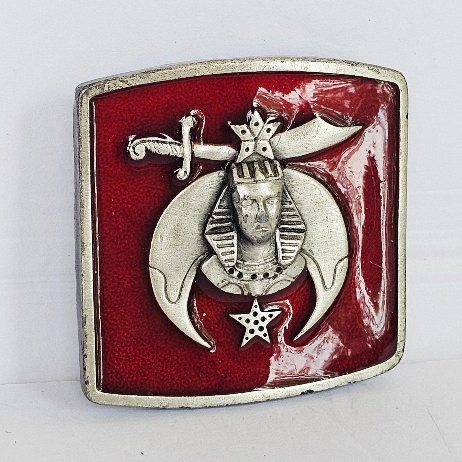 1984 Bergamot Brass Works Shriners Masonic Belt Buckle Red Enamel X-147 Vintage
