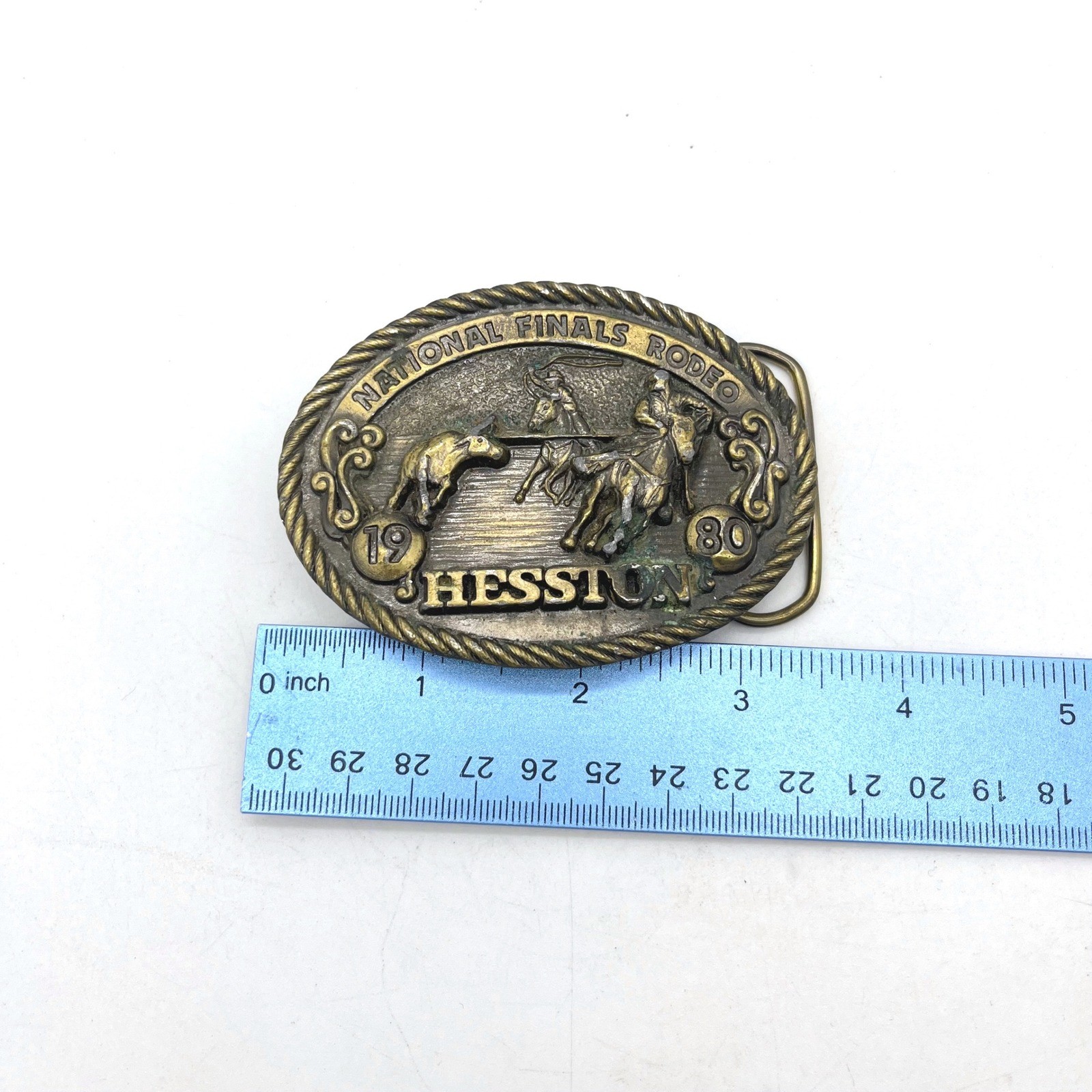 Vintage 1980 Hesston National Finals Rodeo Belt Buckle NFR Steer Wrestling Brass