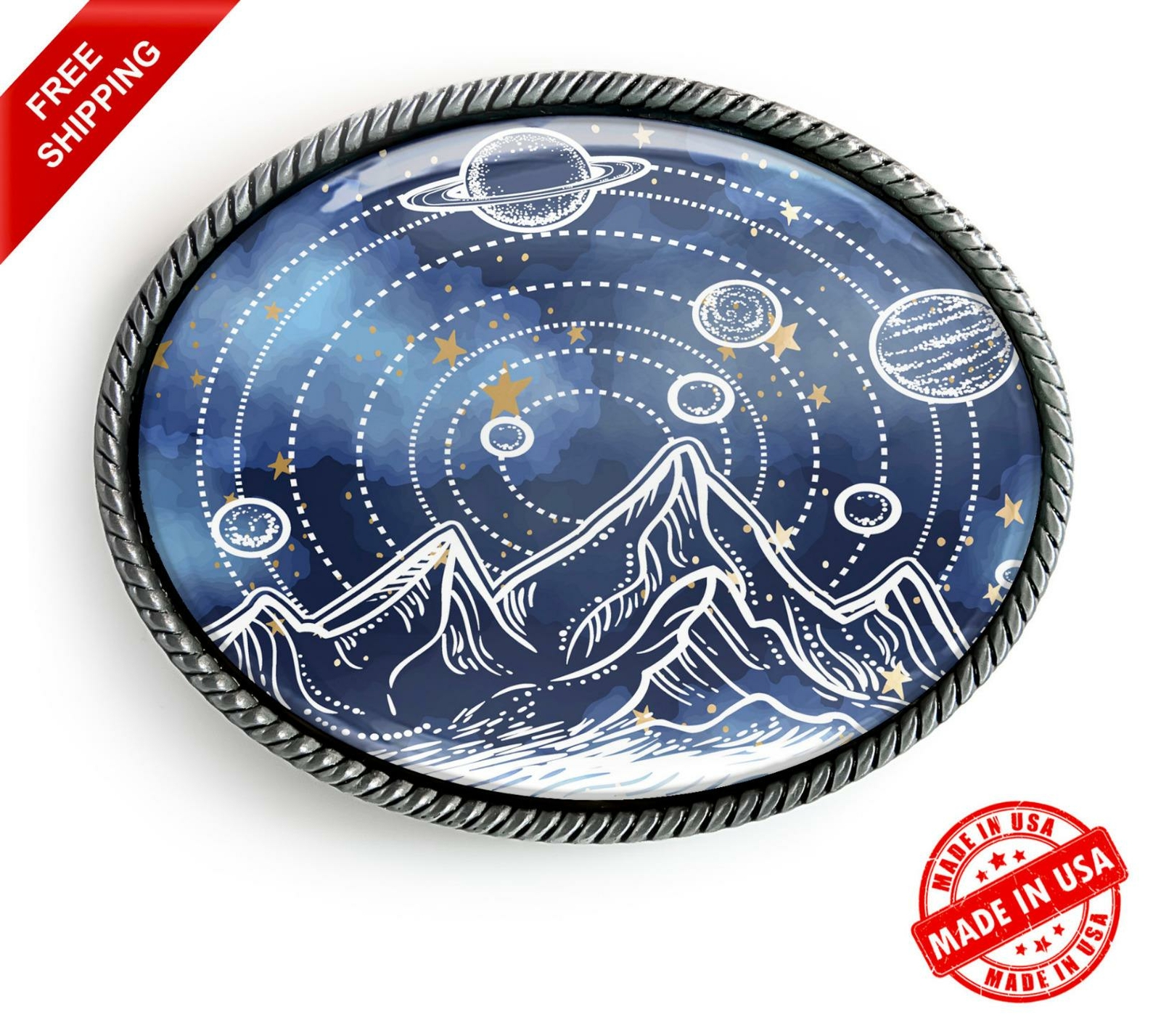 Outer Space Belt Buckle – Planets + Stars Sci-fi Handmade Silver Buckle – 13