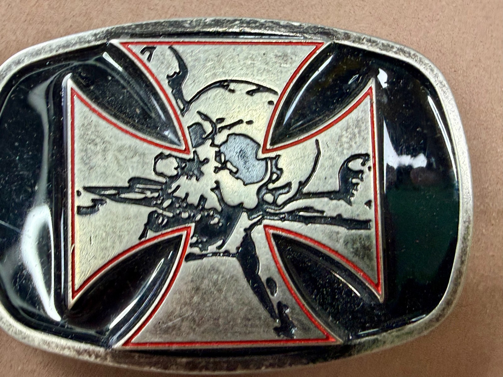 Maltese Iron Cross with Skull Cutout Black Enamel Gothic Punk Vibe Belt Buckle