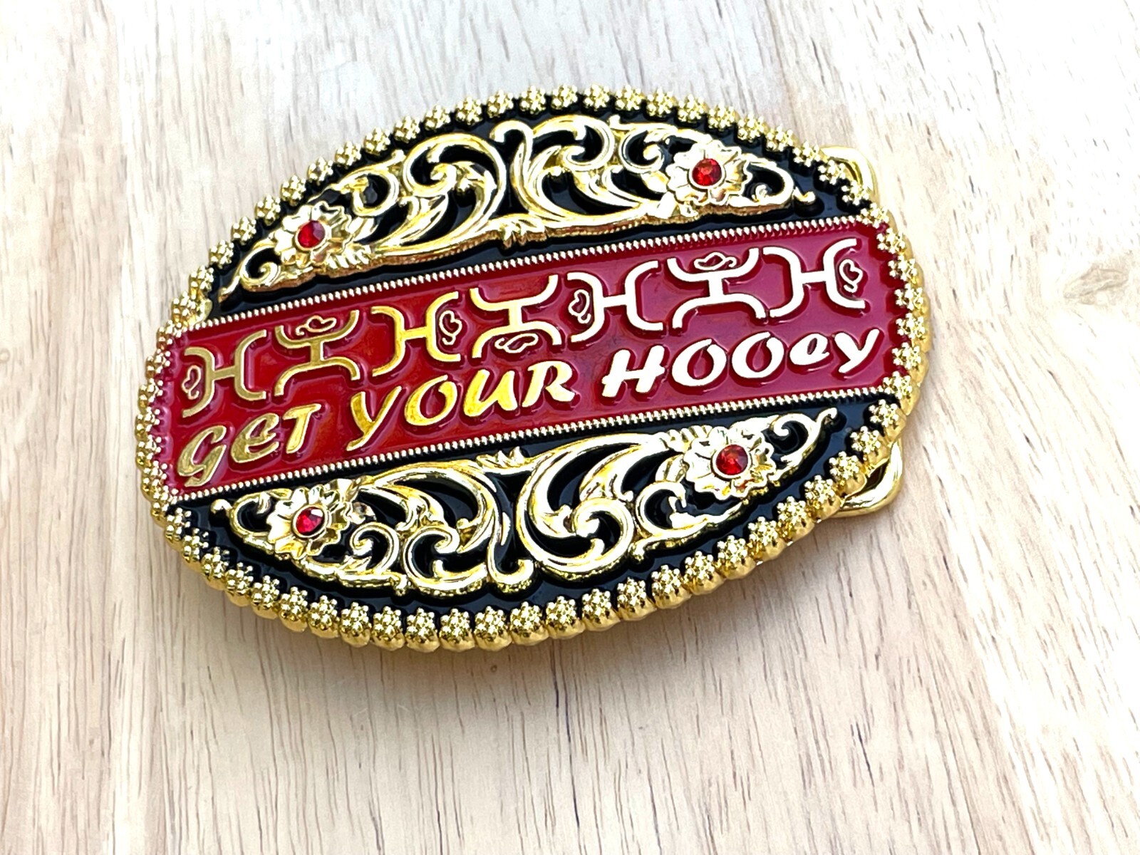 Western Buckle Gold Black Red Cowboy 4×3 for 2 » Hooey Buckle Hebilla Vaquero