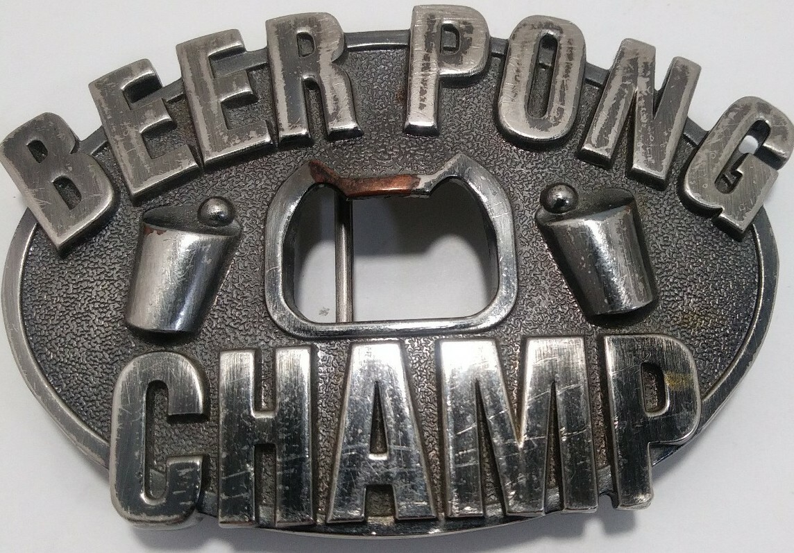 Beer Pong Champ Belt Buckle Bottle Opener Heavy Silvertone Metal Cup Ball Design