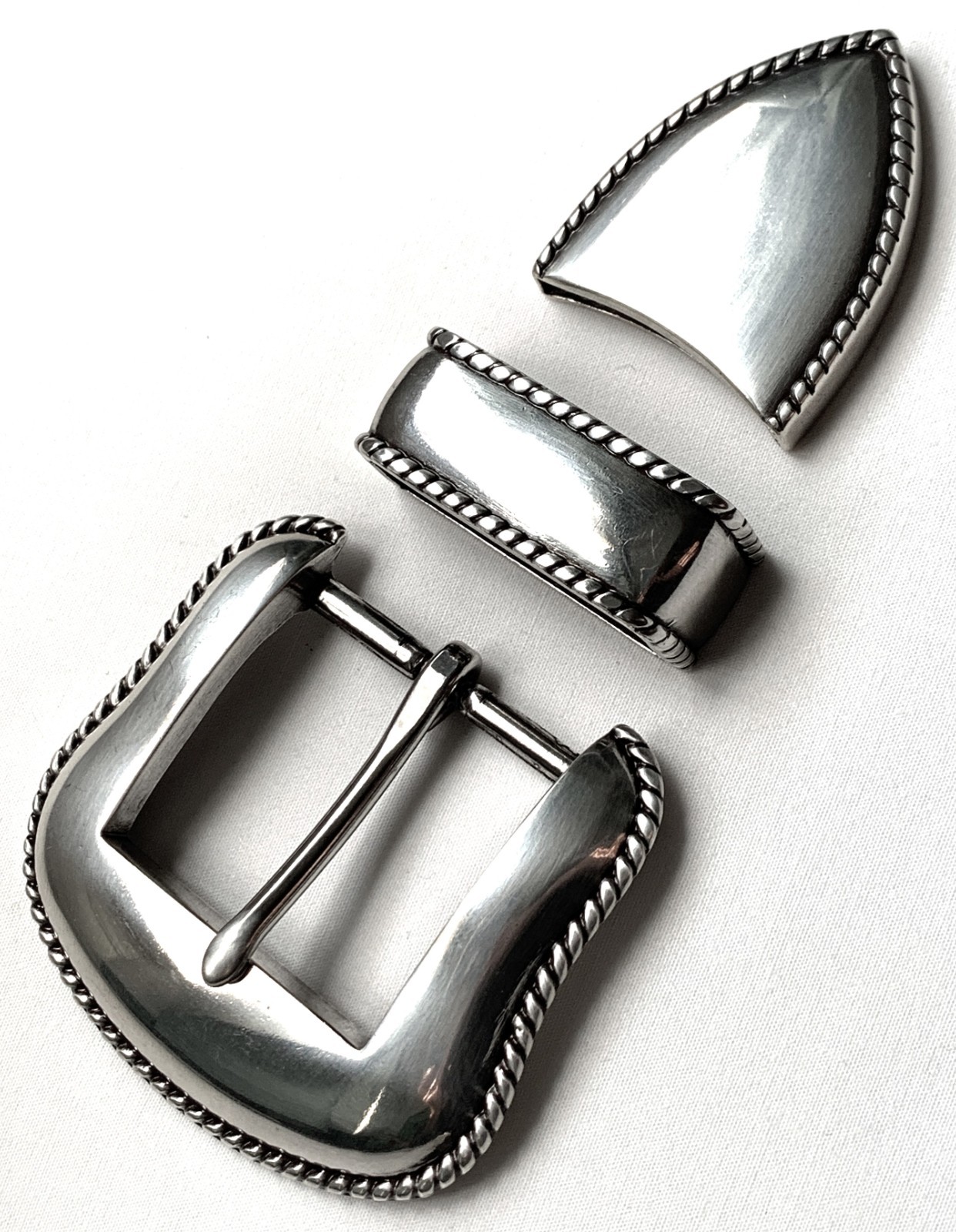 BELT BUCKLES 3pc Buckle Set 1.5 inch Western Rope Edge Smooth Shiny Silver NWOT!