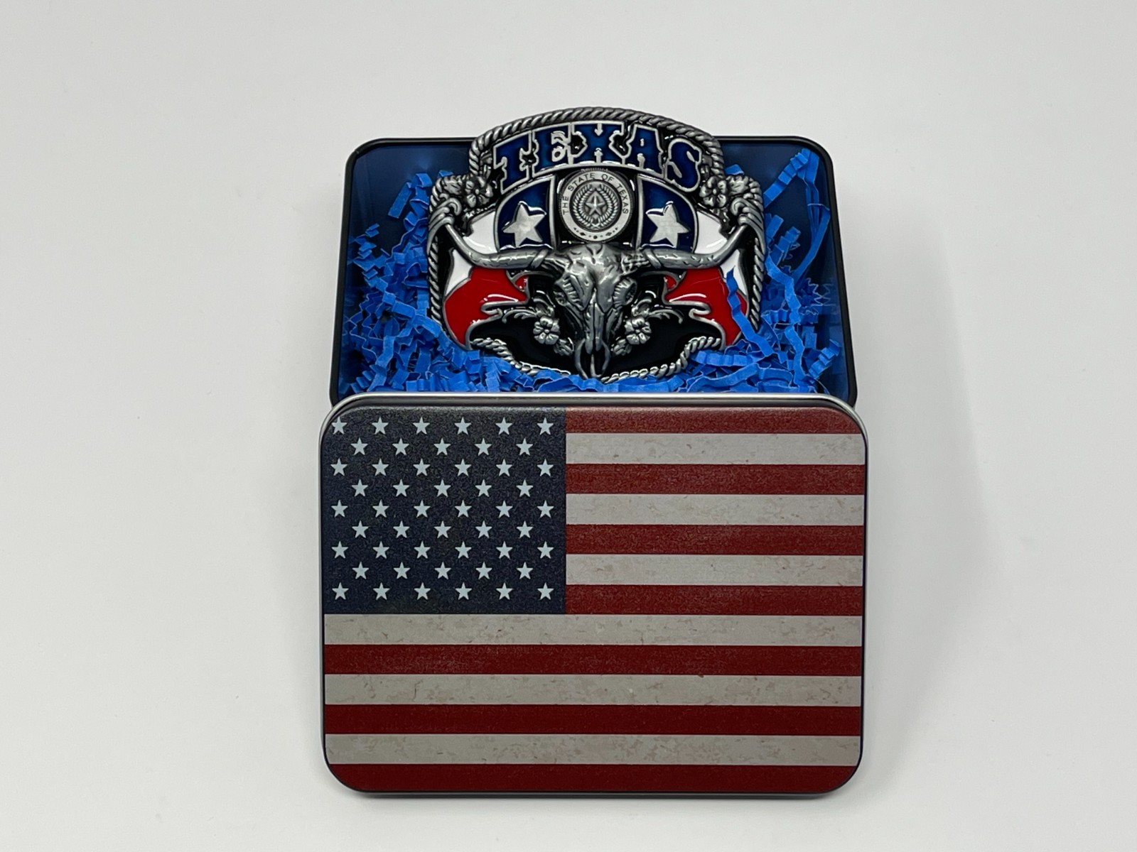 Texas Pride Belt Buckle with USA Flag Container – Western Belt Buckles for Men