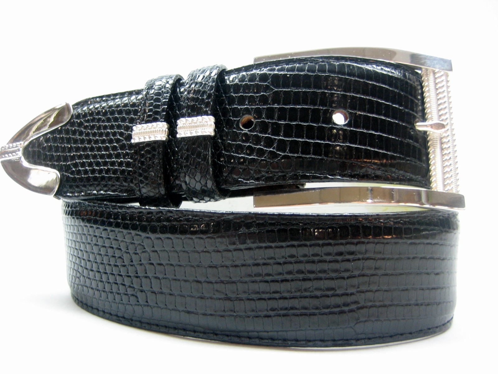 Sterling Silver 925 buckle 2 loops & tip set w Lizard 1-1/2&Prime; belt size 26 to 46