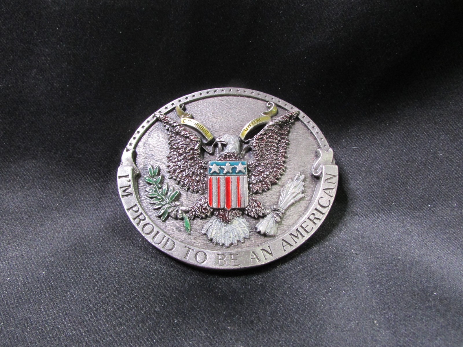 Vint Belt Buckle Proud To Be An American 1981 H132 USA Bergamot Brass Works D5