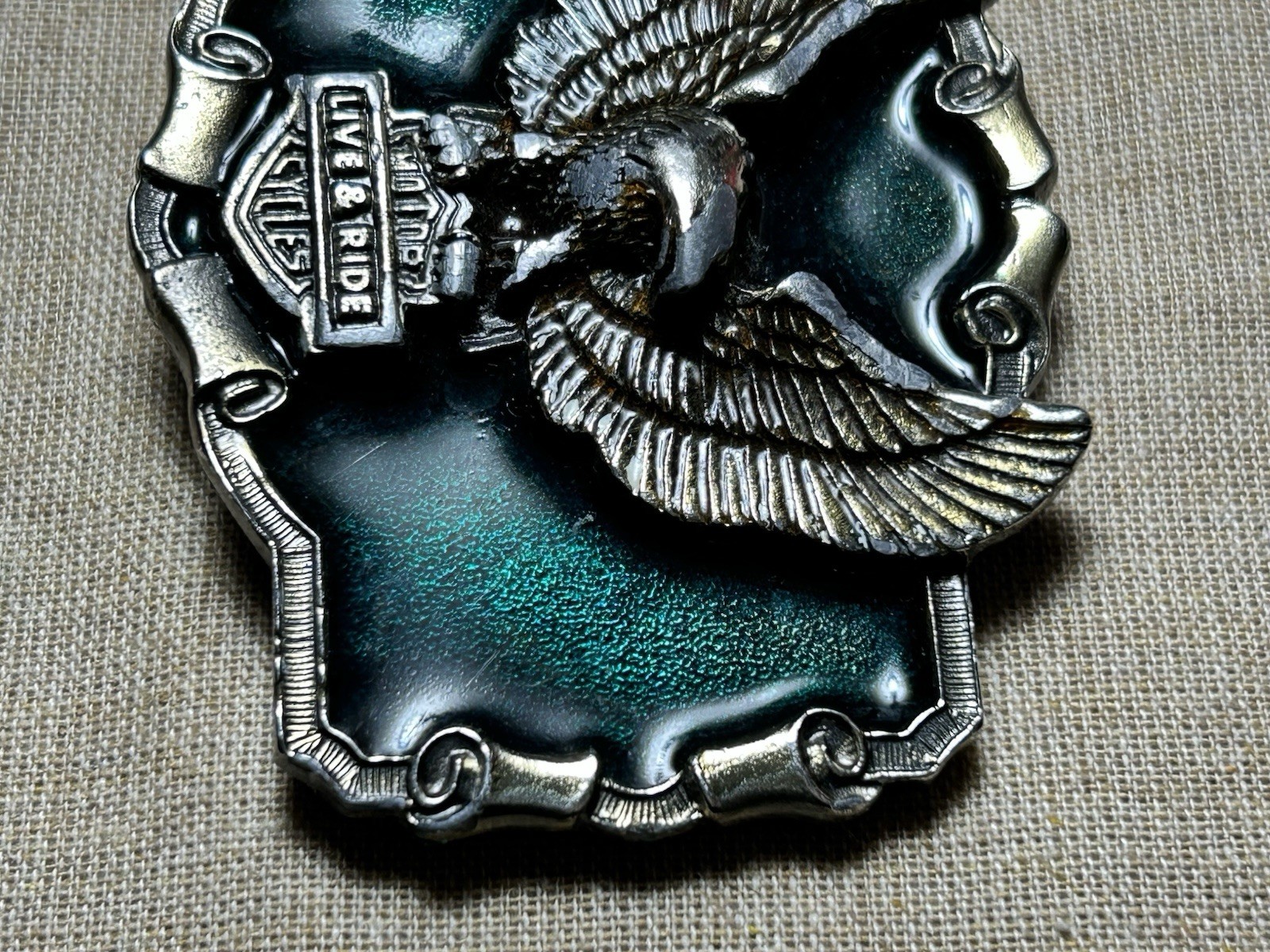 Vintage Eagle Live To Ride Belt Buckle Green Enamel 1983 Made In USA