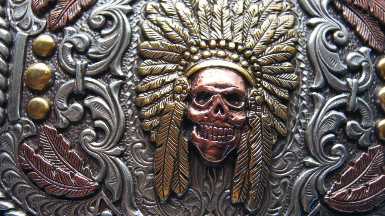 Nocona Western Buckle Indian Chief Feather Skull Silver 37600