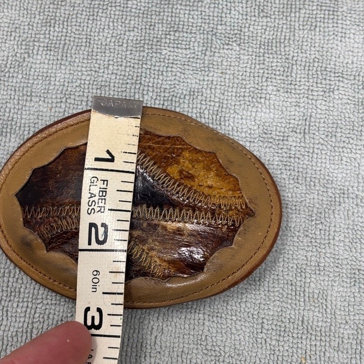 Vtg Nocona Western Leather Belt Buckle Exotic Skin Inlay Zigzag Stitch Brown