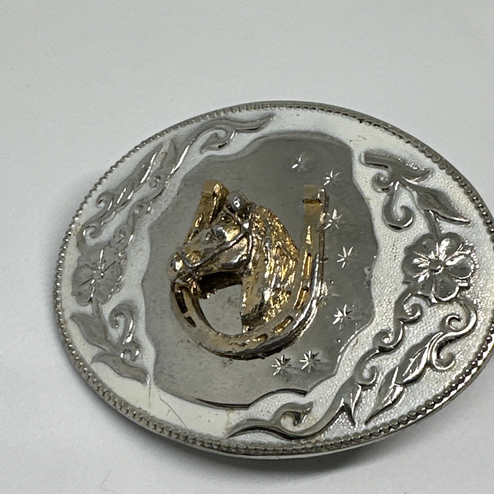 Vintage Horse Head In Horseshoe Western Belt Buckle Hibiscus Amapola FlowerVine