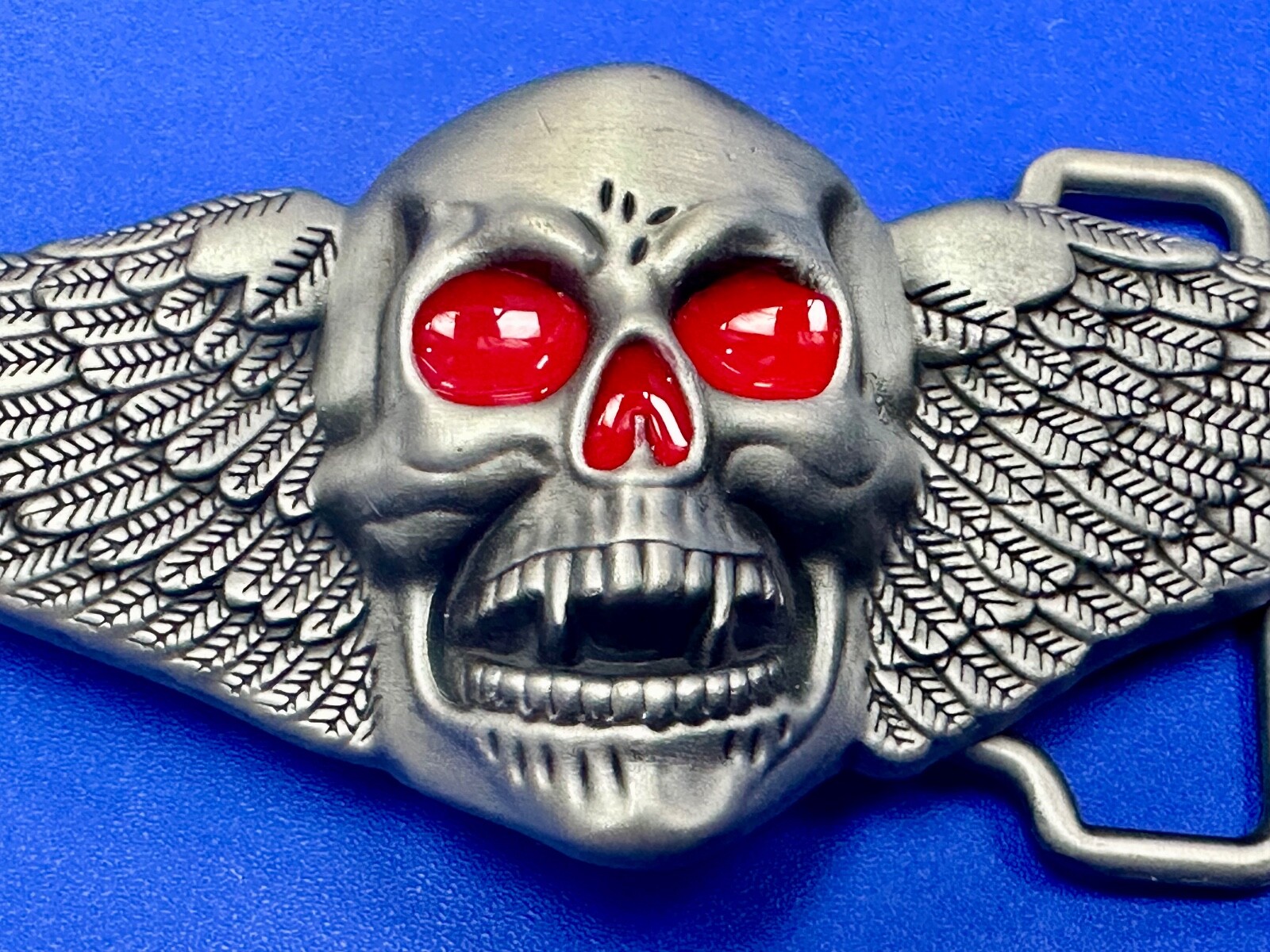 Skull With Fangs And Bright Red Eyes Cutout Large Wide Belt Buckle