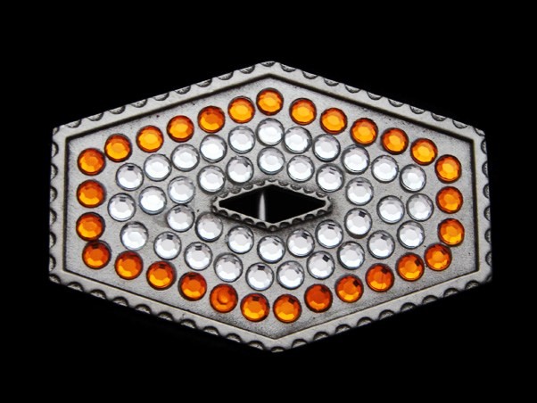 KH03105 HEXAGON SHAPED 2001 **WHITE & ORANGE RHINESTONE** FASHION BELT BUCKLE