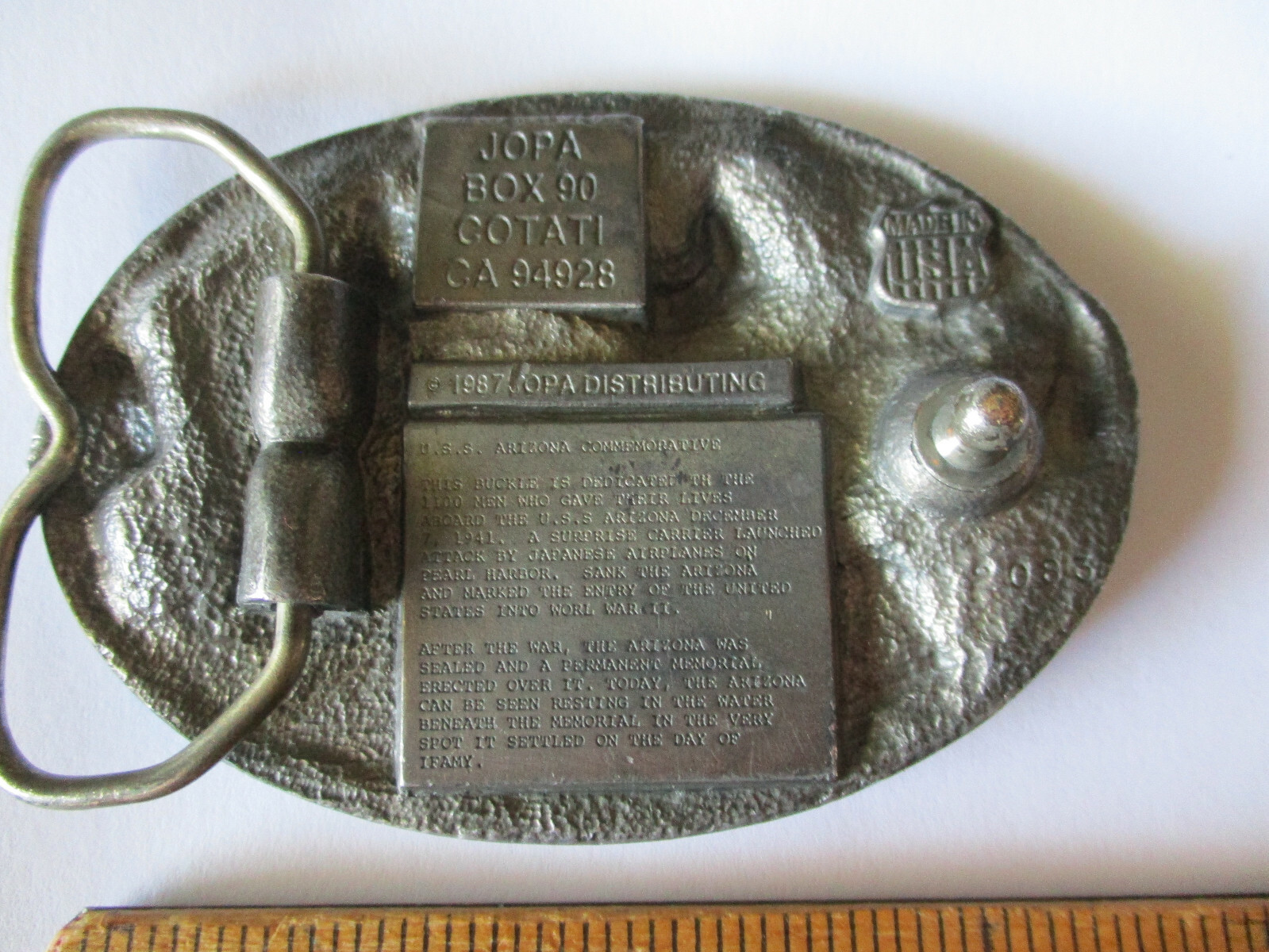 Vintage WWII Pearl Harbor U.S.S. Arizona Memorial Belt Buckle JOPA 1987