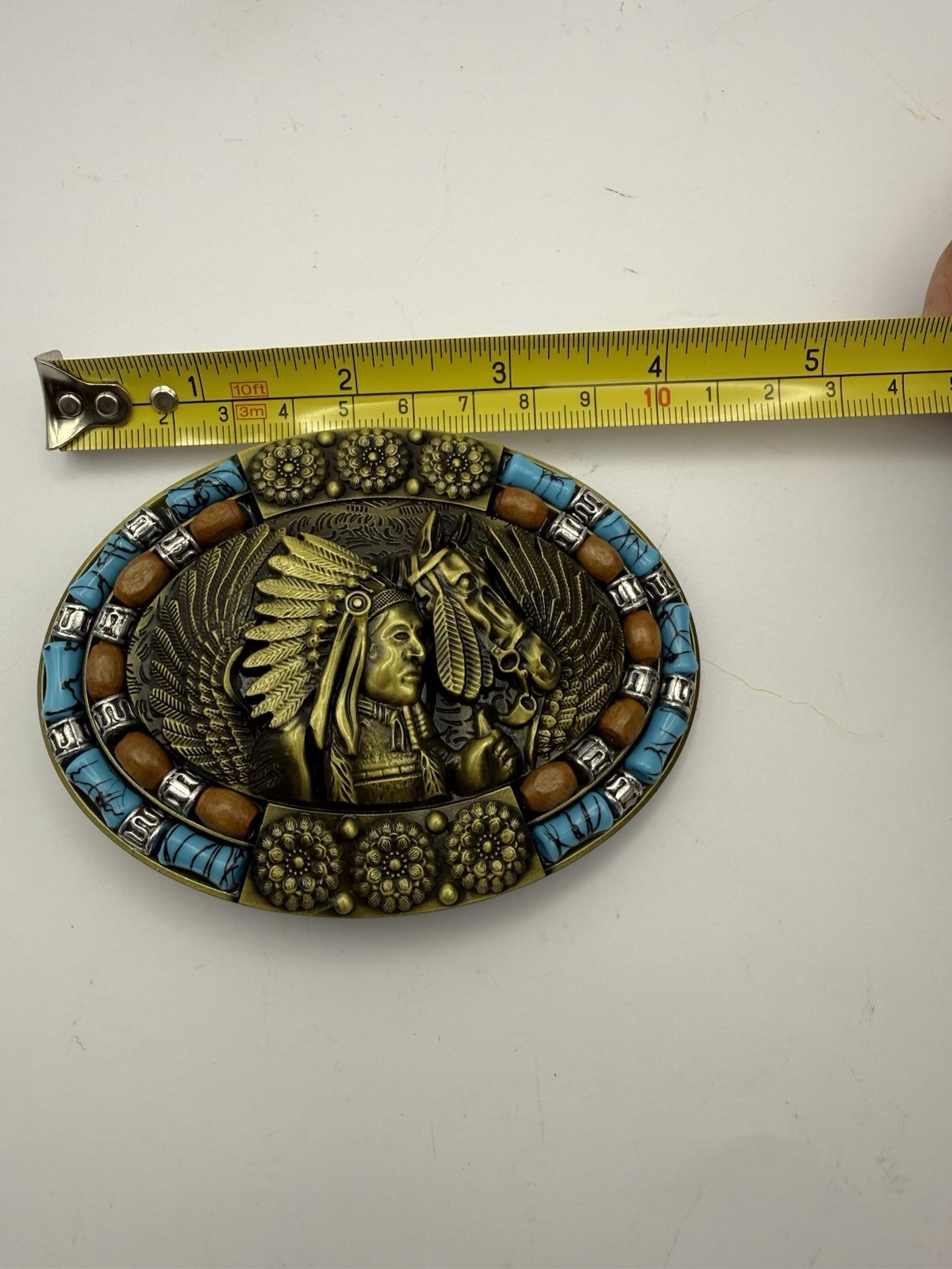 Brass Coloring Native American Buckle Western Cowboy Turquoise Stone Belt Buckle