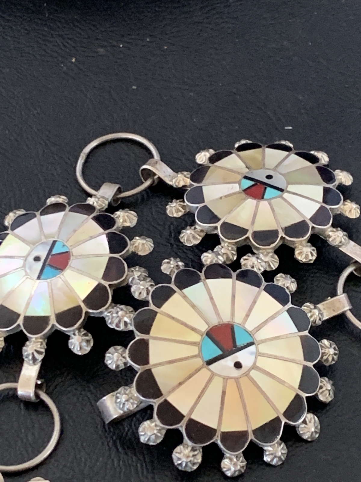 Turquoise & Onyx Zuni Sterling Silver Sun Face Inlay Old Pawn Belt 40&Prime; 12109