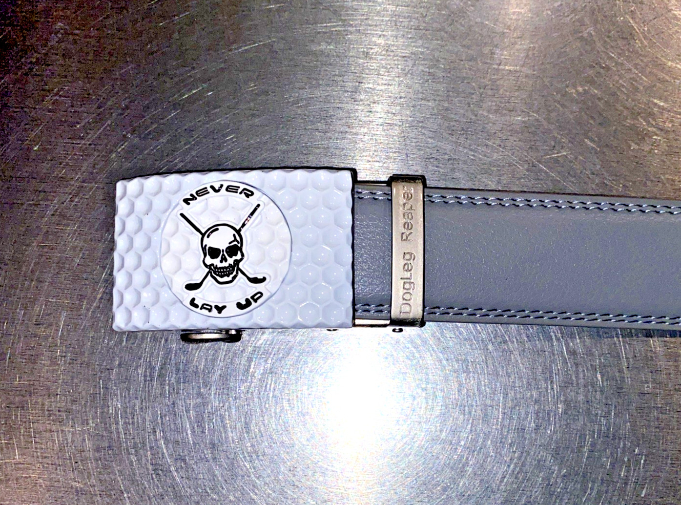 Golf Belt Leather w/Ratchet Buckle Removable Ball Marker Skull Reaper Light Gray