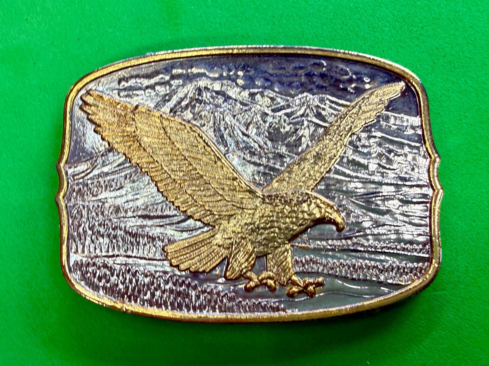 Flying Eagle Spreading Wings over the Mountain Scene Vintage Belt Buckle