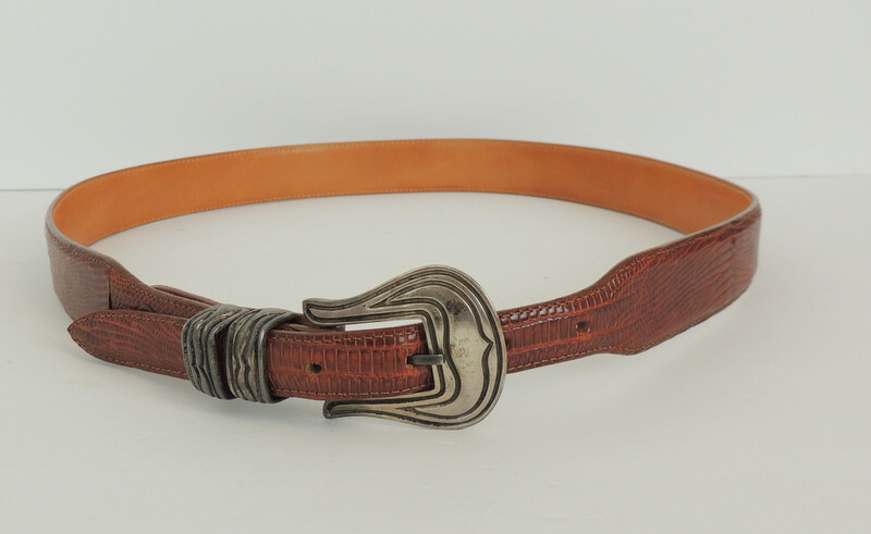 Chacon Sterling Buckle Genuine Lizard Belt Made In USA Mens 36 Marked Sterling