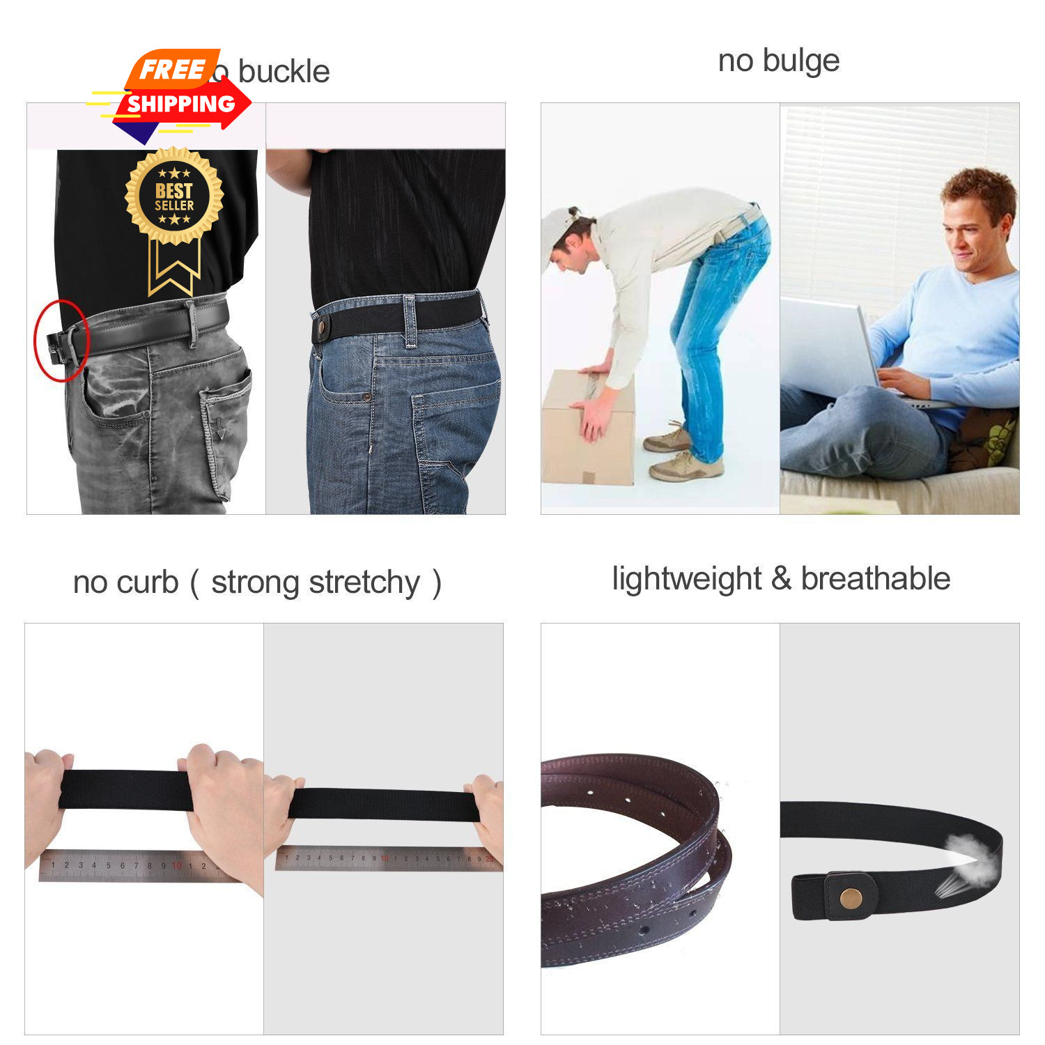 XZQTIVE No Buckle Invisible Fits waist size 36&Prime;-50&Prime;, 2 Pack Black&brown