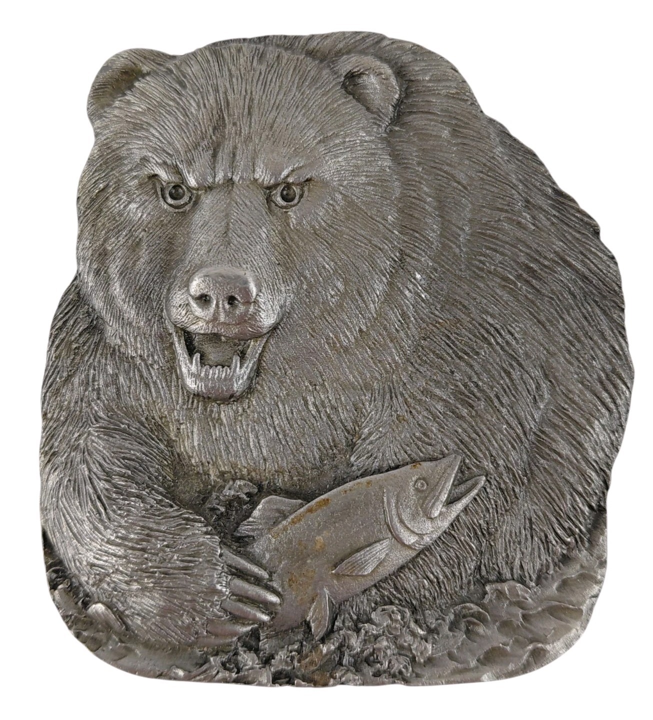 BERGAMOT Brass Works Bear Fish Belt Buckle Trout Fishing Silver Tone 1978