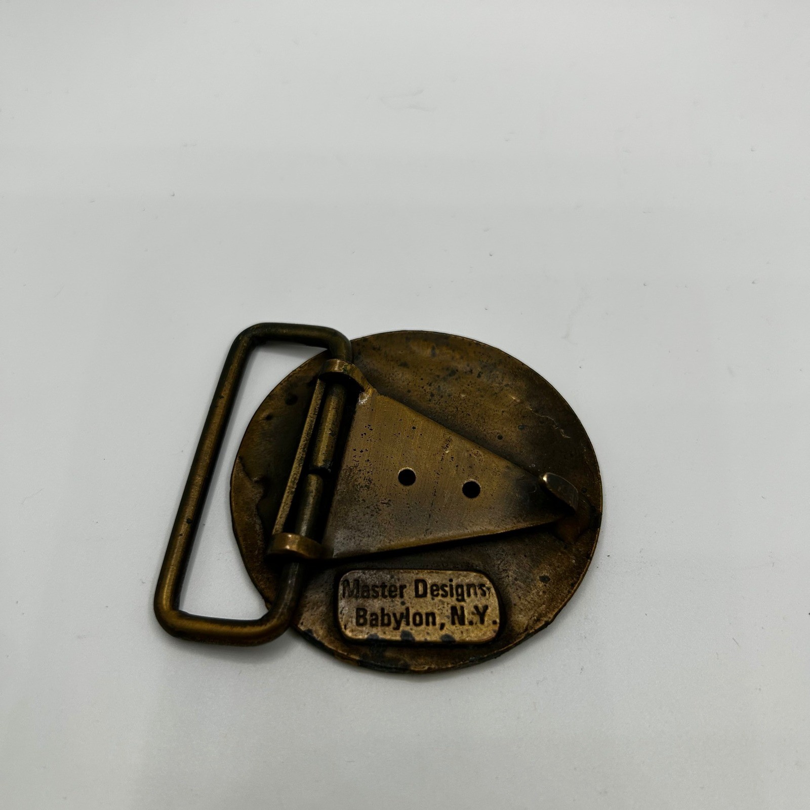Vintage Master Designs Babylon NY Masonic Brass Belt Buckle Square Compasses G
