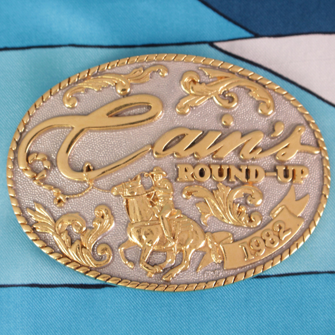 VTG 80s Cain&rsquo;s Round-Up 1982 Commemorative Belt Buckle ADM 24K GP Rodeo Horse