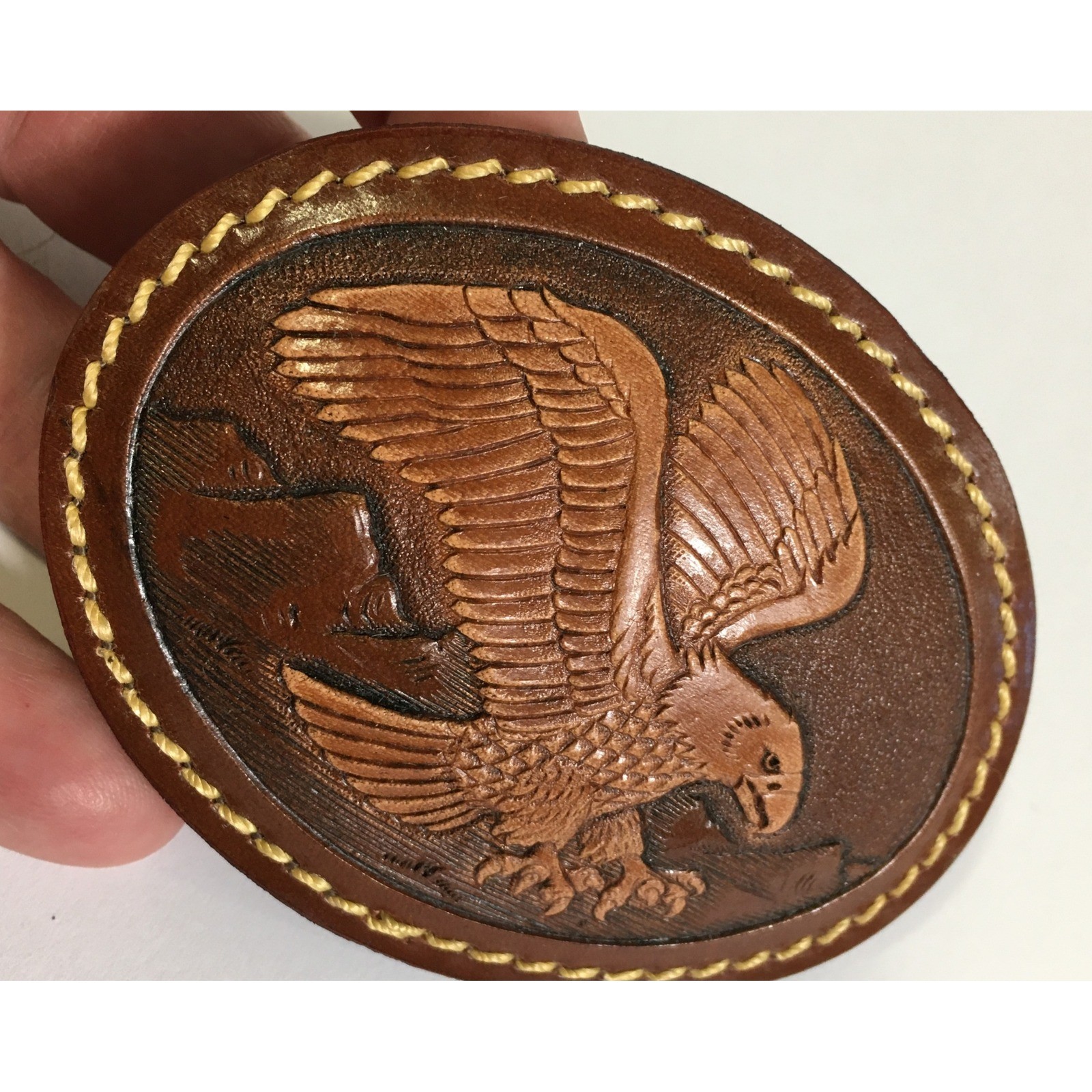 Vintage Leather Belt Buckle Eagle Bird Tooled Brown Oval Western Cowboy Rodeo