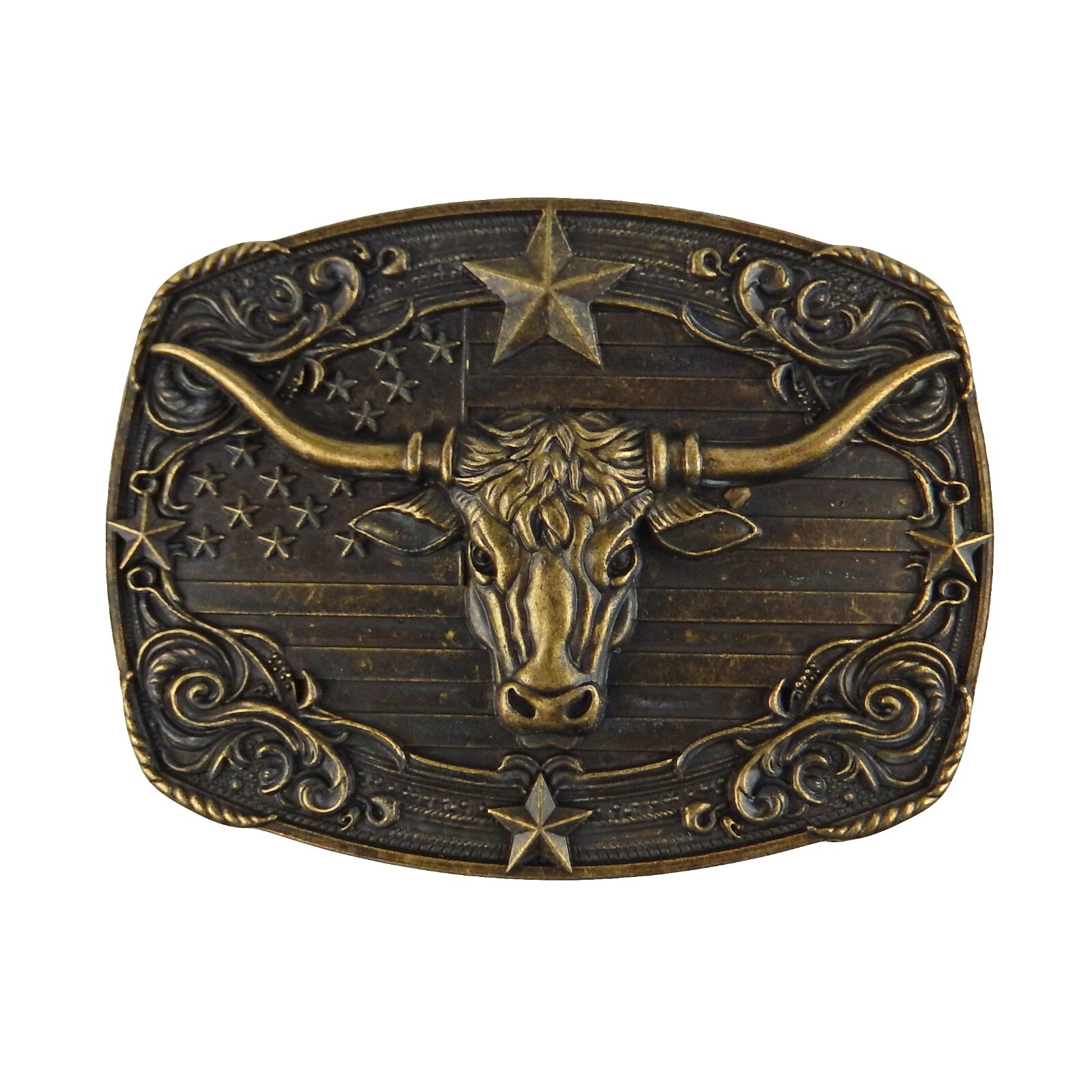 American Flag Longhorn Steer Star Belt Buckle Antique Bronze Fits 1.5 inch Belts
