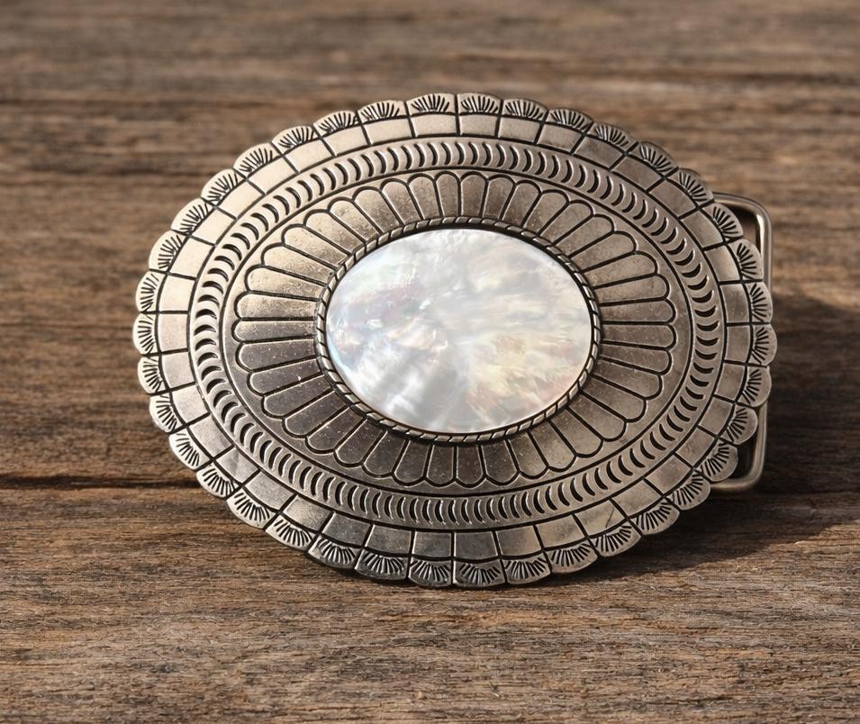 Genuine Mother of Pearl Shell Belt Buckle Silver Engraved Oval Fits 1.5 Belt