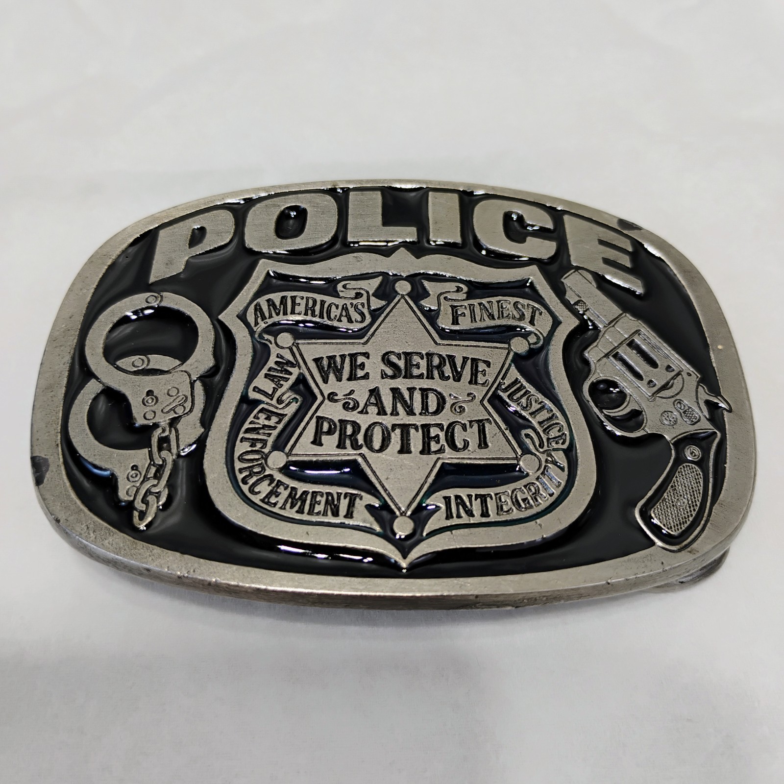 Police Belt Buckle We Serve & Protect Black Enamel Buckle Bakery 1988 Vintage