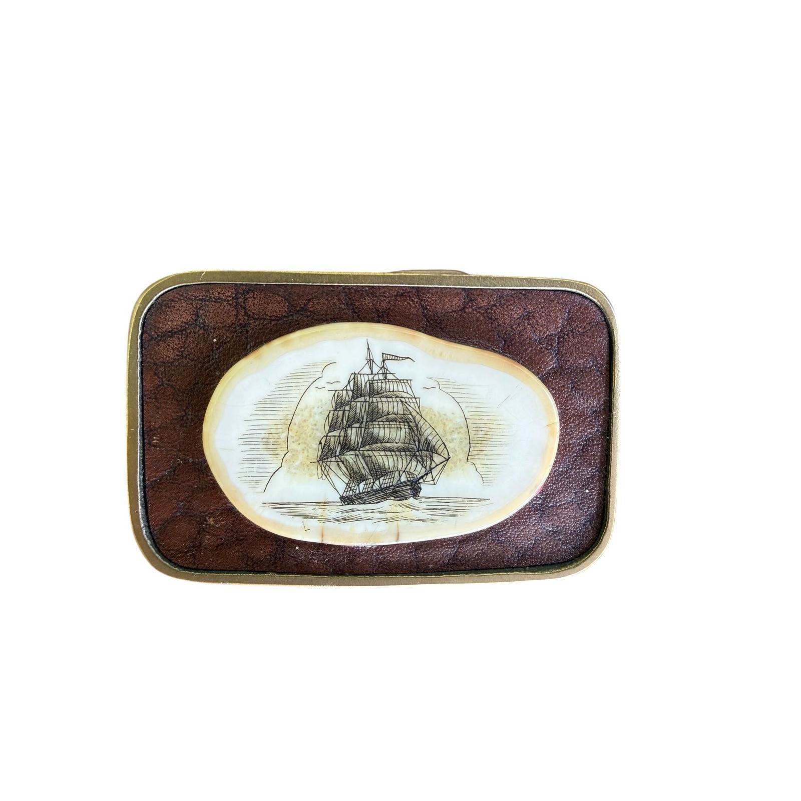 Vintage Hand Cast Solid Brass Scrimshaw Sailing Ship Belt Buckle Made in USA