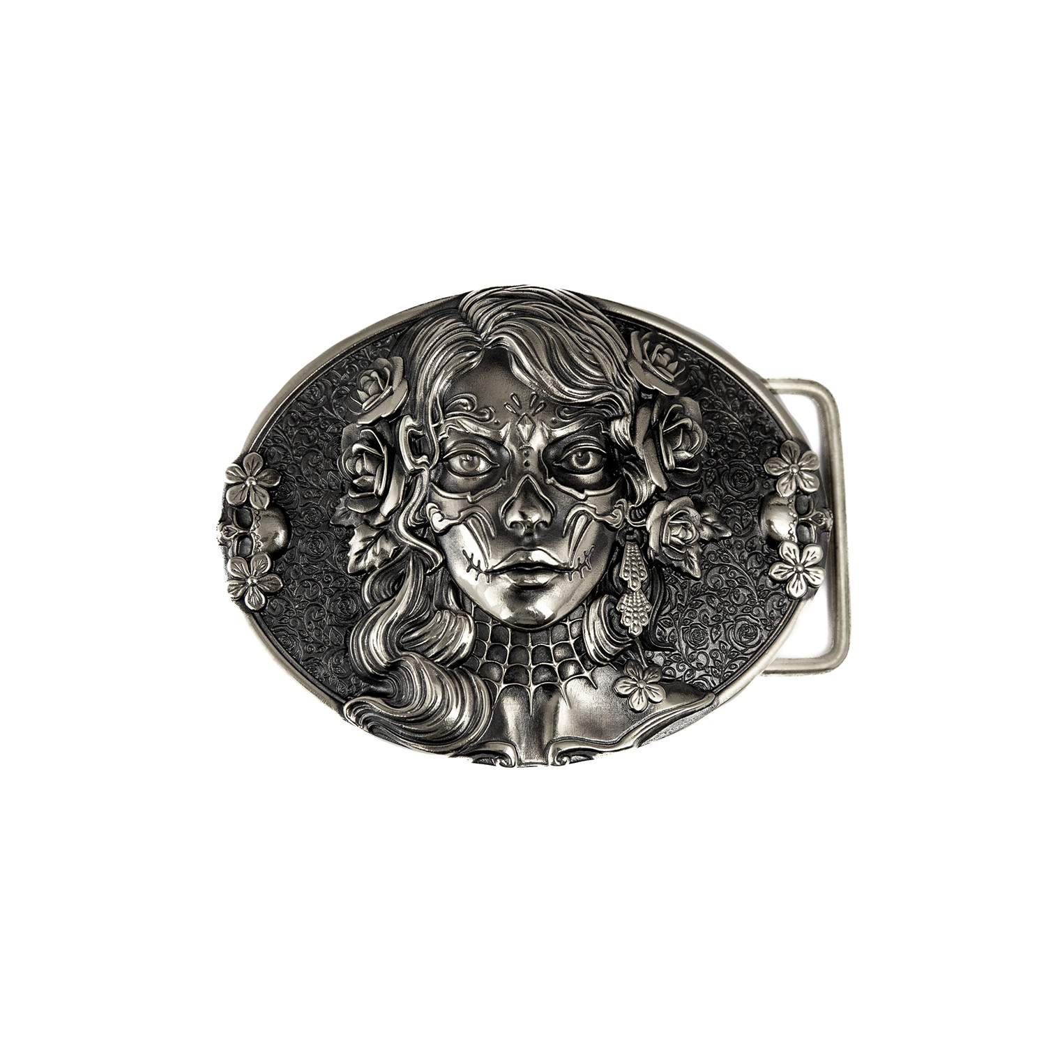 Sugar Skull woman german silver belt buckle, Santa Muerte Skull El Día de Muerte
