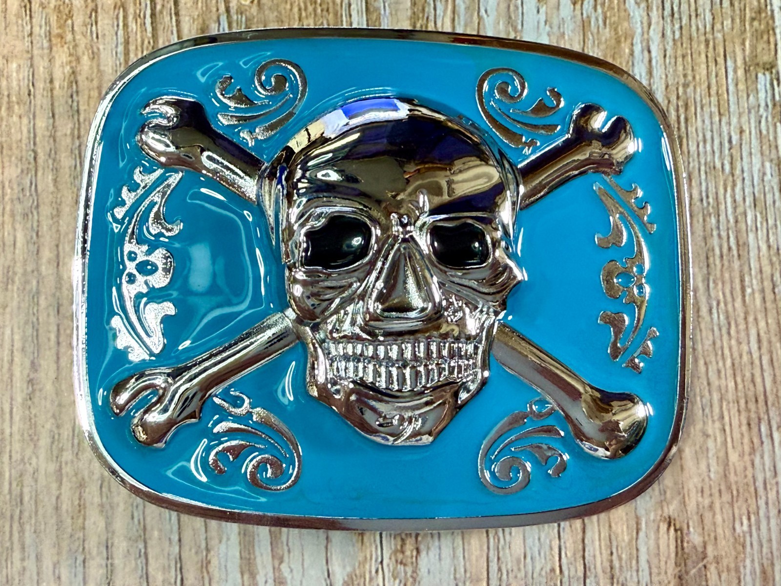 Jolly Roger Pirate Skull Head & Crossbones Blue Enamel Colored New Belt Buckle