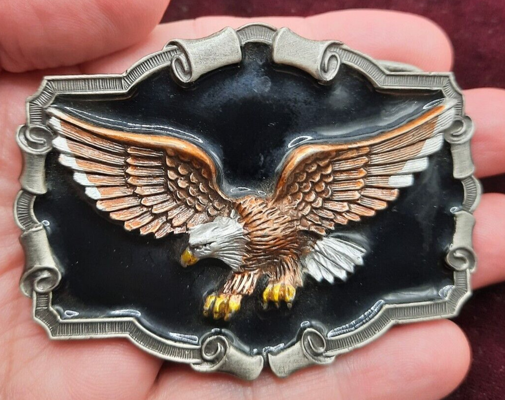 Vintage Open Wing Bikers Eagle Enameled Belt Buckle Scrolled background , 1983