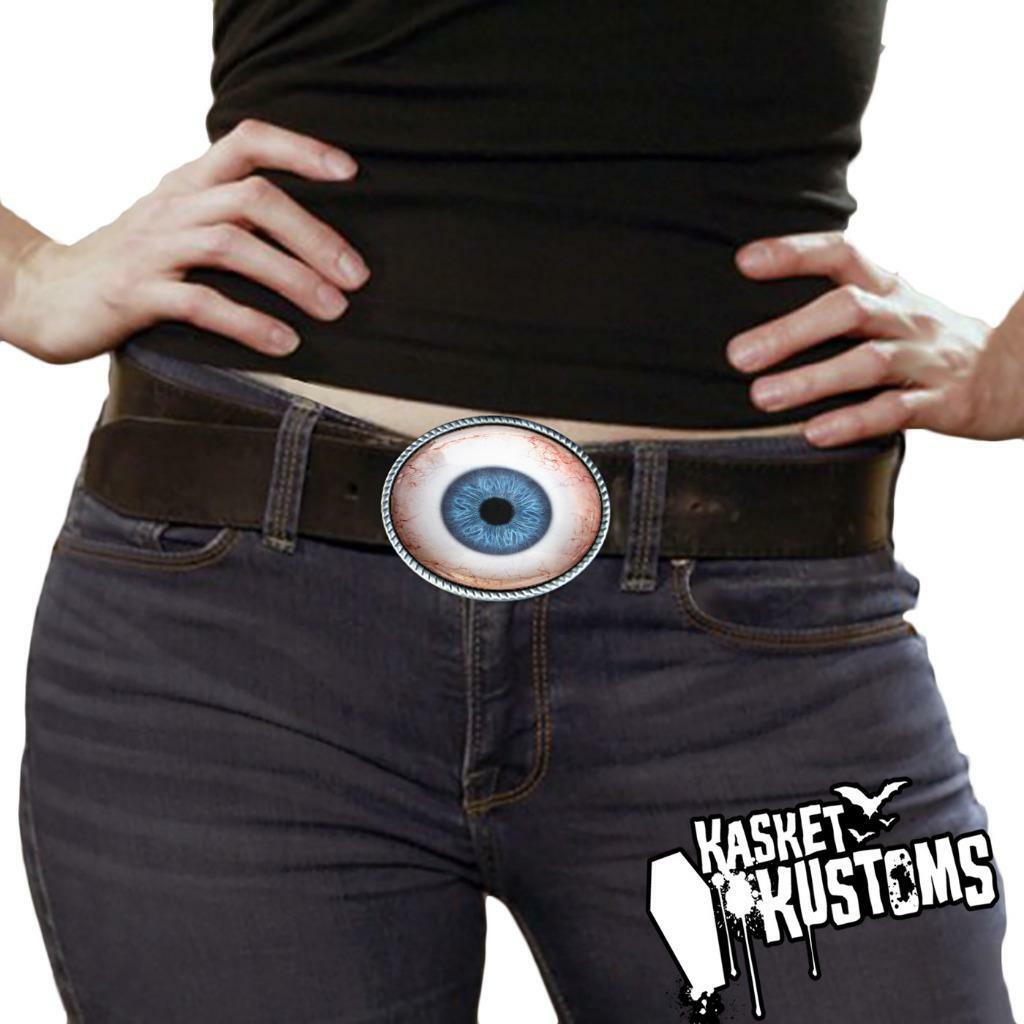 Blue Human Eye Belt Buckle – Realistic Taxidermy Eyeball Silver Artisan Buckle