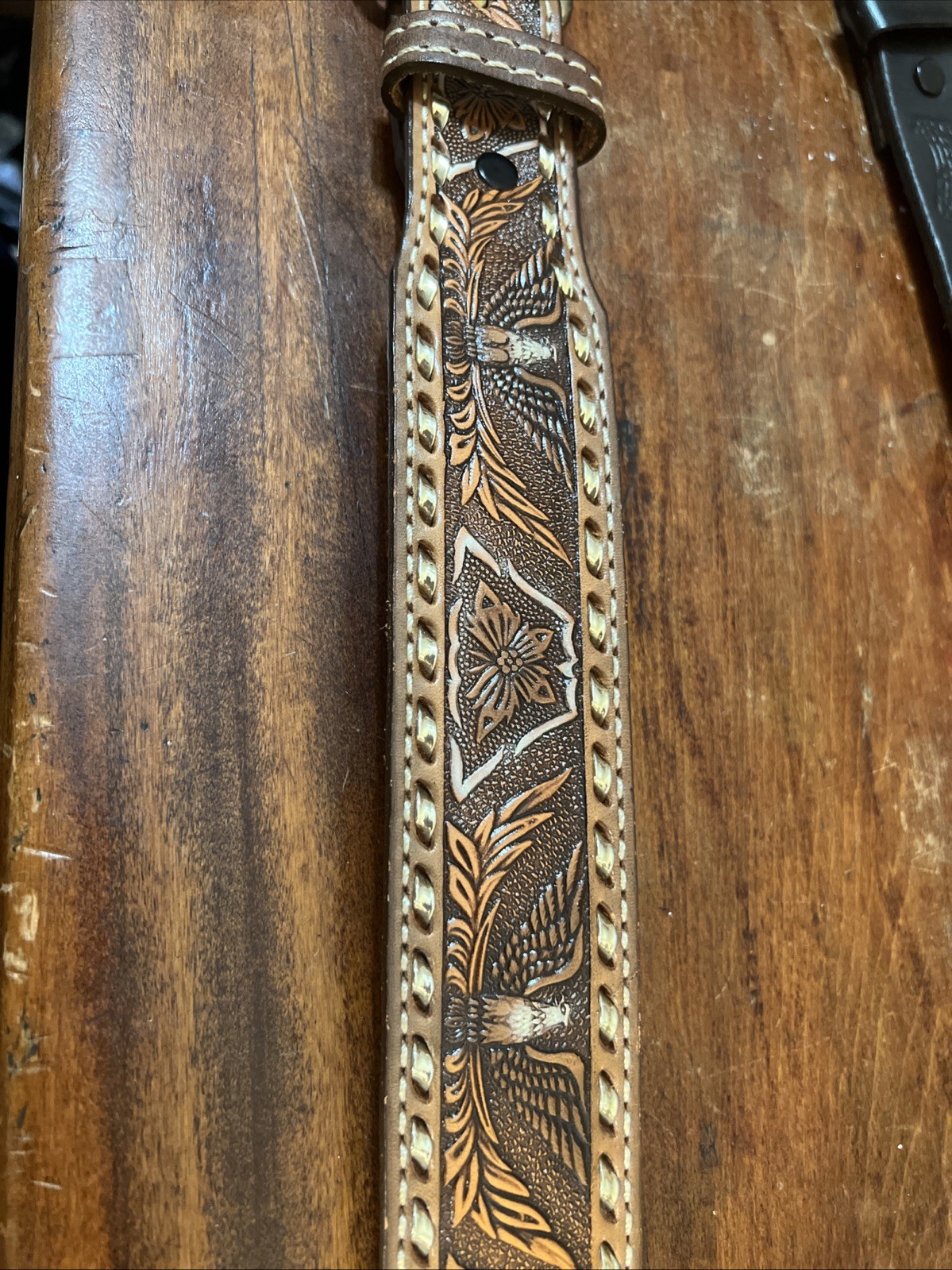 Handmade Patriotic Western Belt 30-Eagles-Brn/White-Lace-Stitches-Buckle-Leather