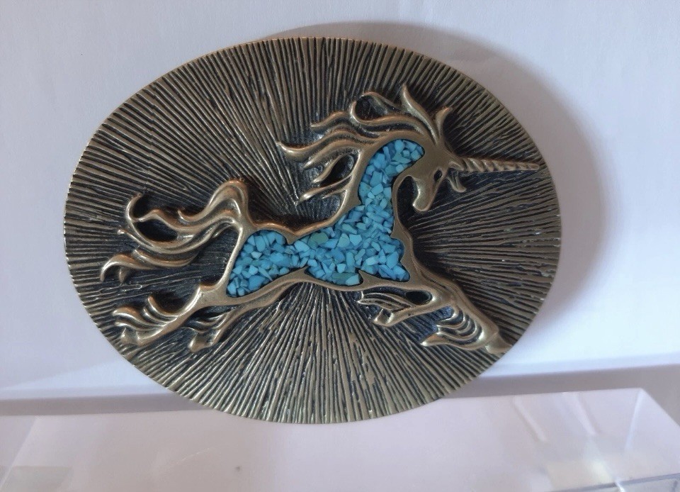 VINTAGE- BRASS ?TURQUOISE INLAY UNICORN BELT BUCKLE/RARE HALLMARK/GUCCi?/UNISEX