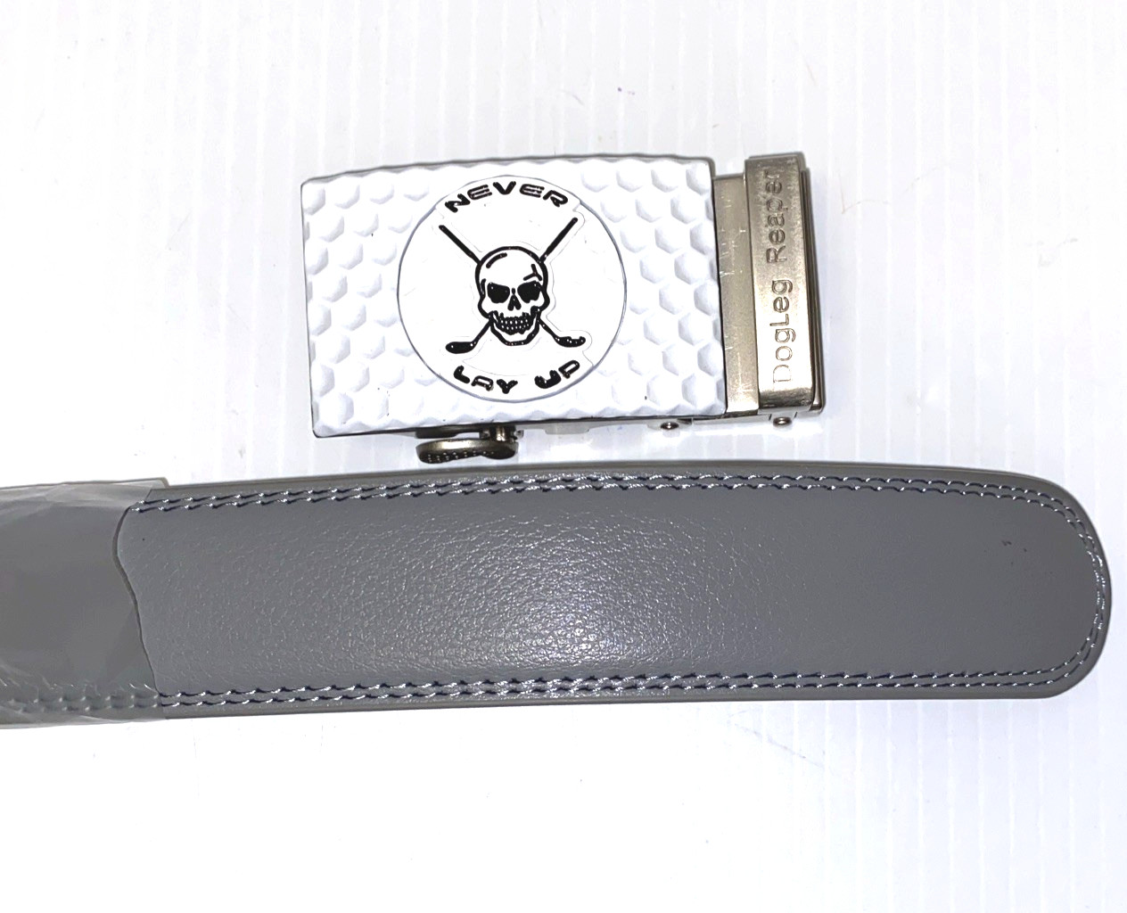 Golf Belt Leather w/Ratchet Buckle Removable Ball Marker Skull Reaper Light Gray