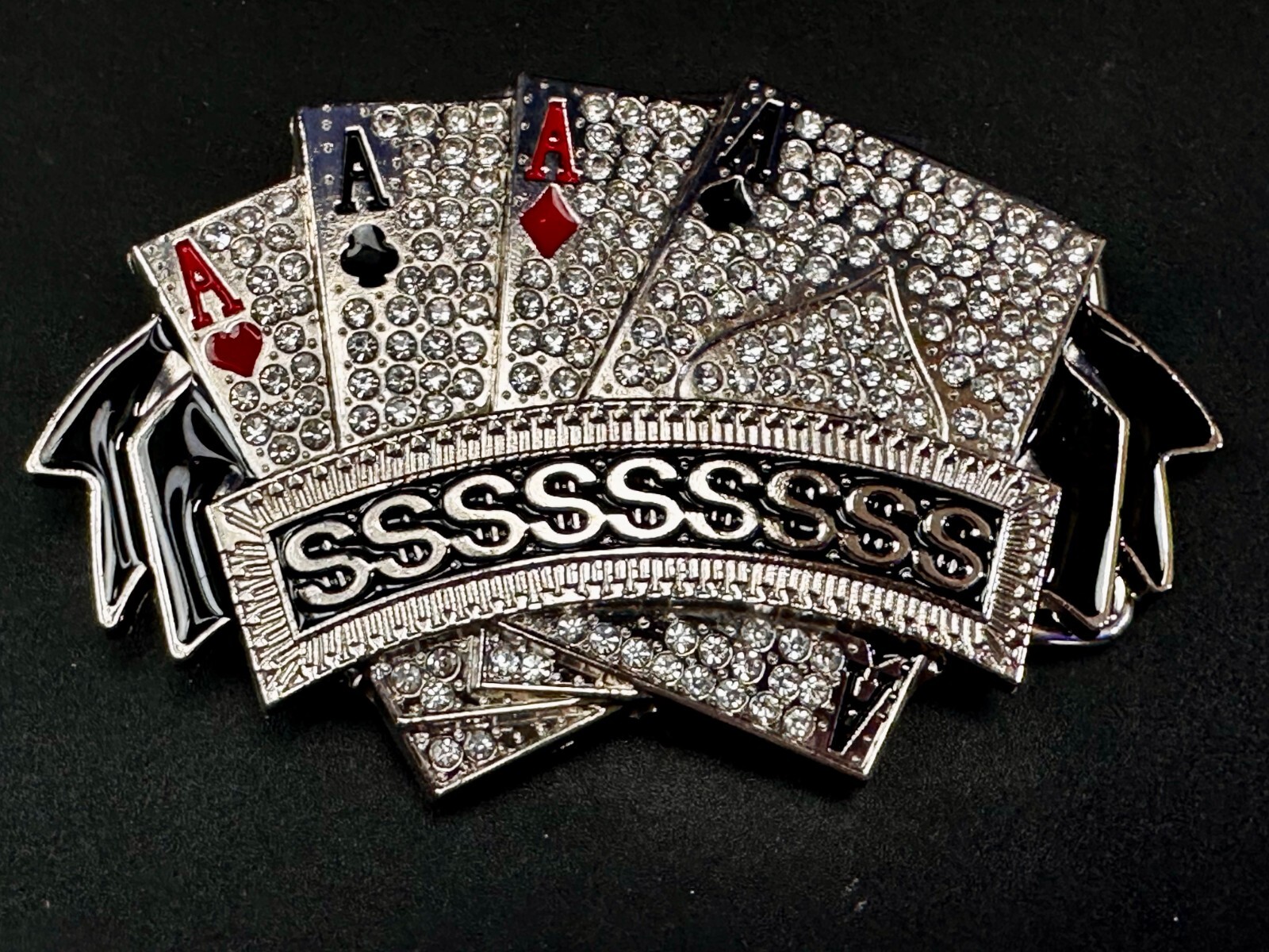 Four Aces Playing Card Game ALL SSSSSSSSSS! Casino Gambling Jeweled Belt Buckle
