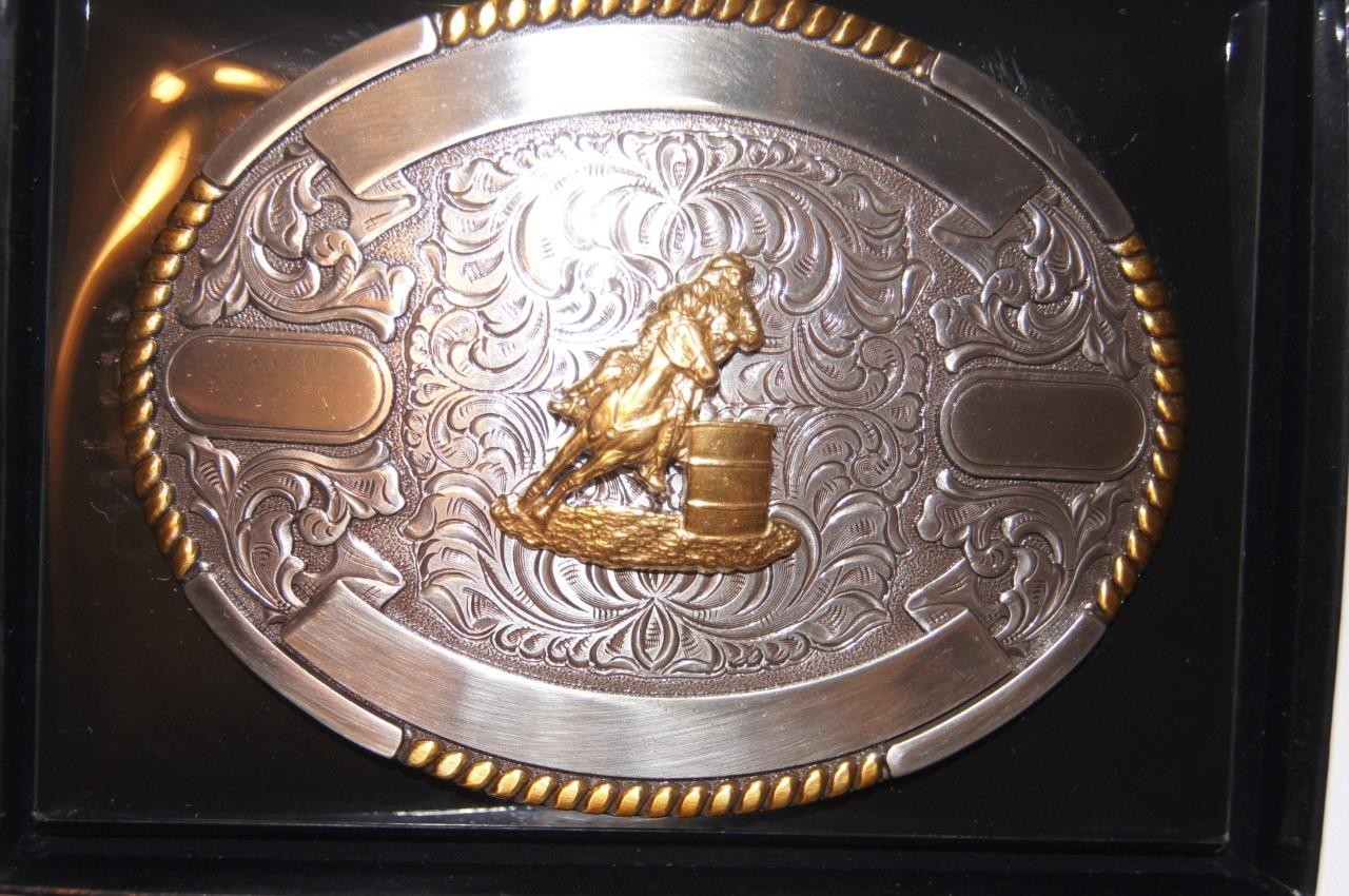 Crumrine Trophy Buckle Oval Barrell Racer 4 Ribbons Belt Buckle 38594