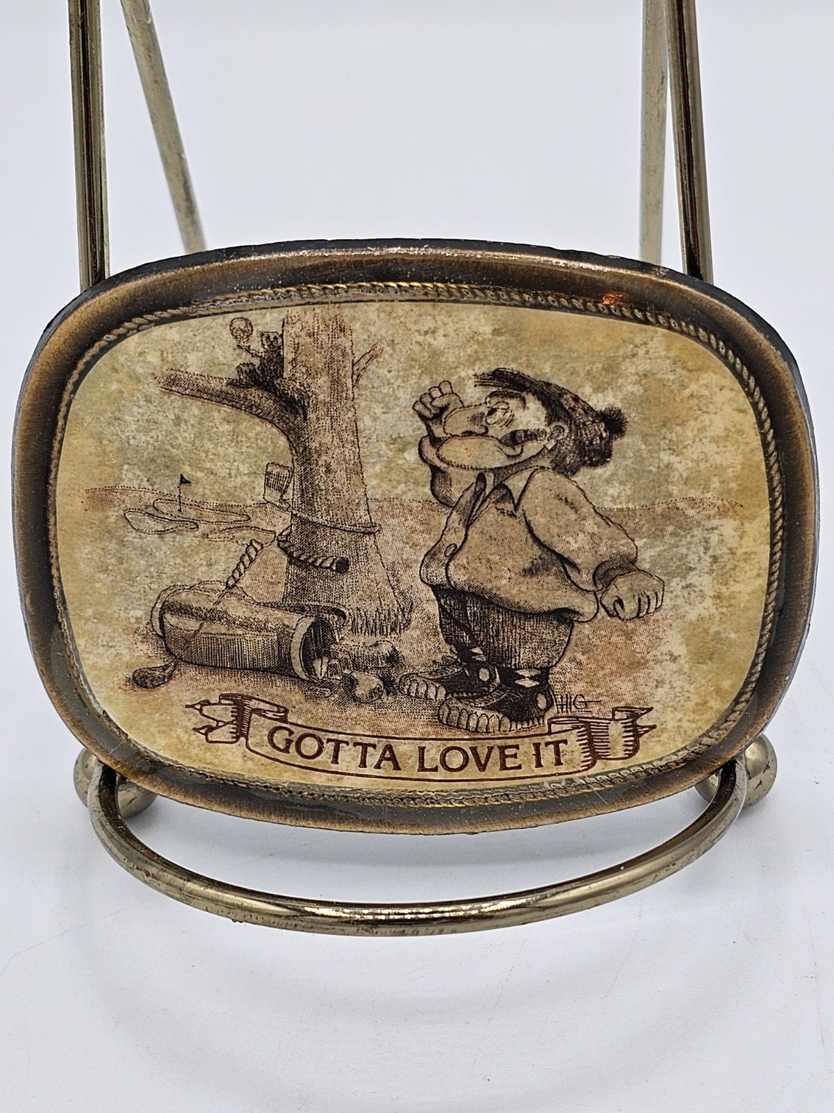 Vintage Golf Cartoon “Gotta Love It” Metal/Scrimshaw 3” Oval Belt Buckle
