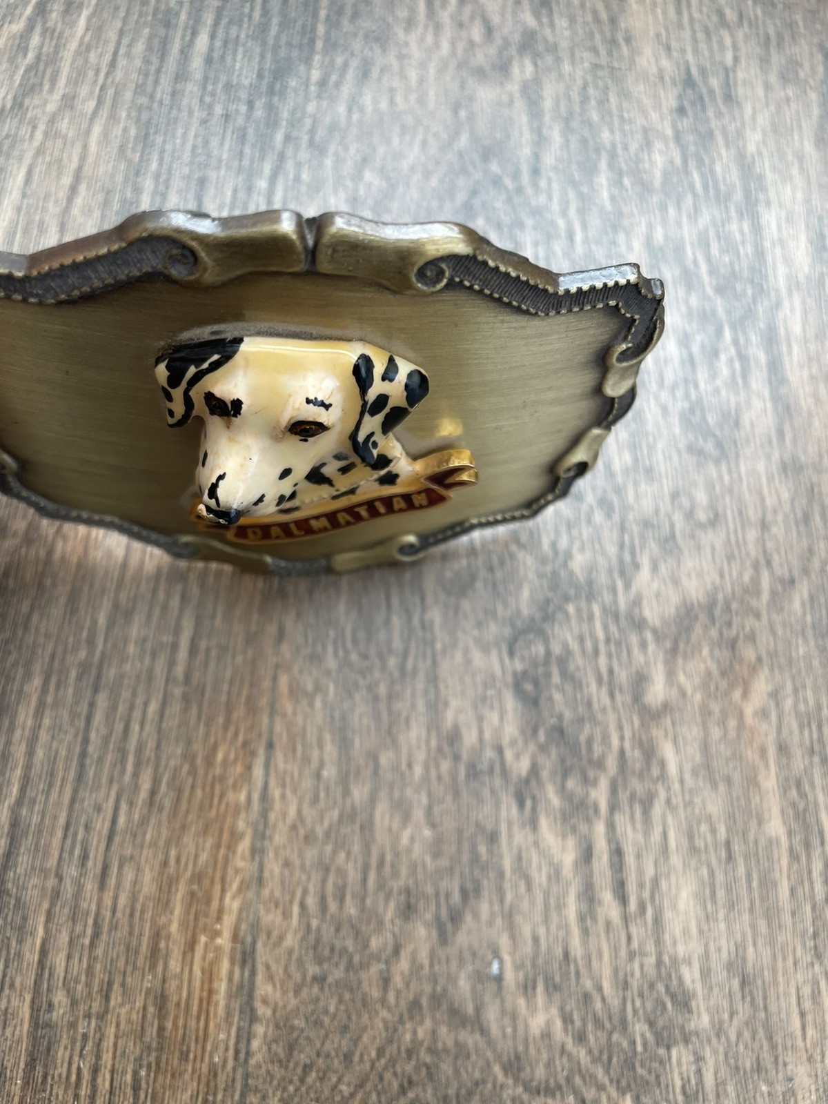 Vintage Raintree Belt Buckle Metal Or Brass 3D Enamel Dalmatian Dog Made USA