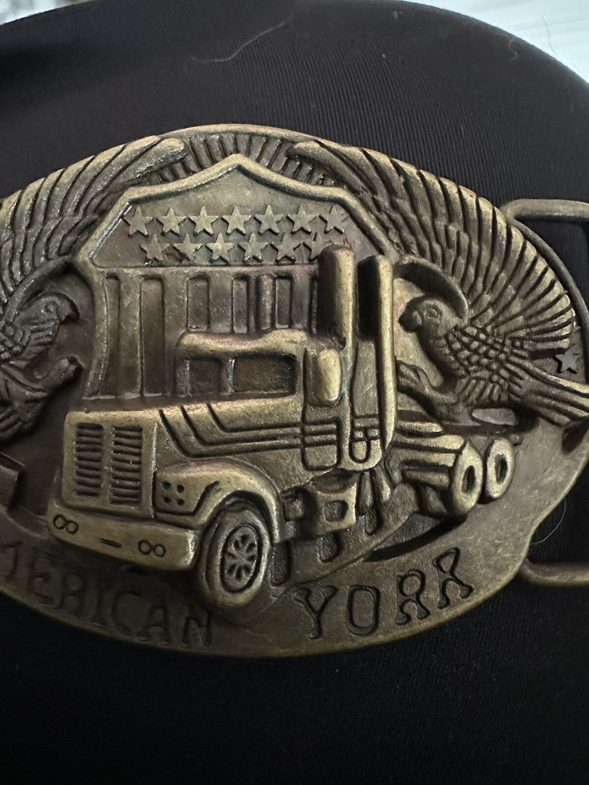 American York Trucker Belt Buckle Semi Truck Pewter Eagle Flag Zinc Collectible