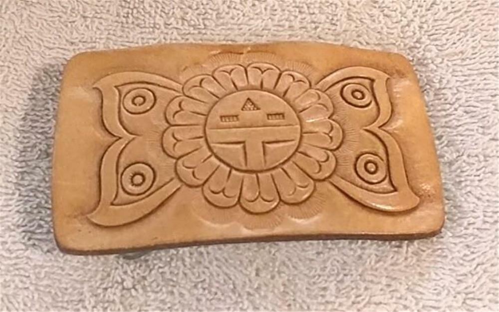 Vintage Hand Tooled Leather Native American Zuni Sun Face Design Belt Buckle