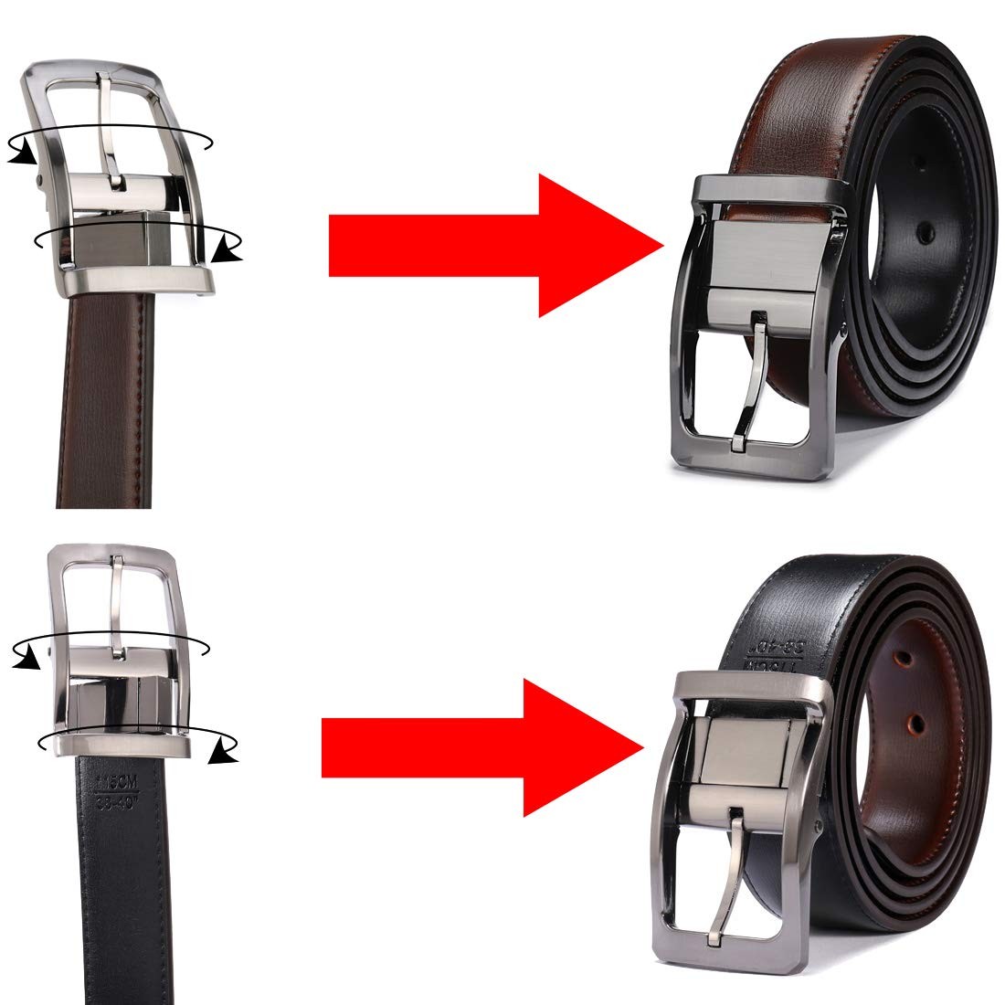 Belts for Men 57-58, Rectangle Rotated Buckle With Burnt Umber/Black Belt
